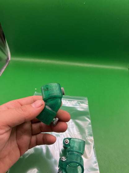 Pair of Two Green Paintball Right Feed Elbows - used paintball feed elbow - translucent green