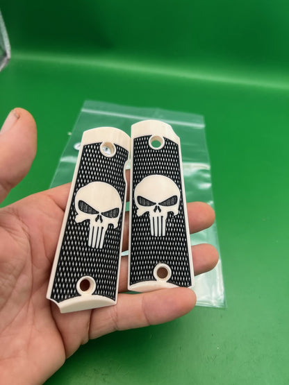 Punisher 1911 45 Full Size Skull Grip Panels Black White Ambi Cut Pair