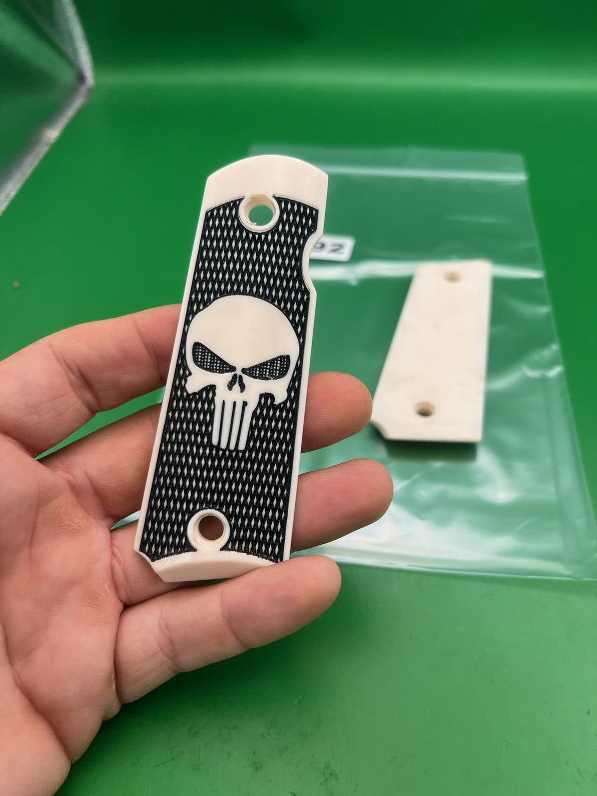 Punisher 1911 45 Full Size Skull Grip Panels Black White Ambi Cut Pair