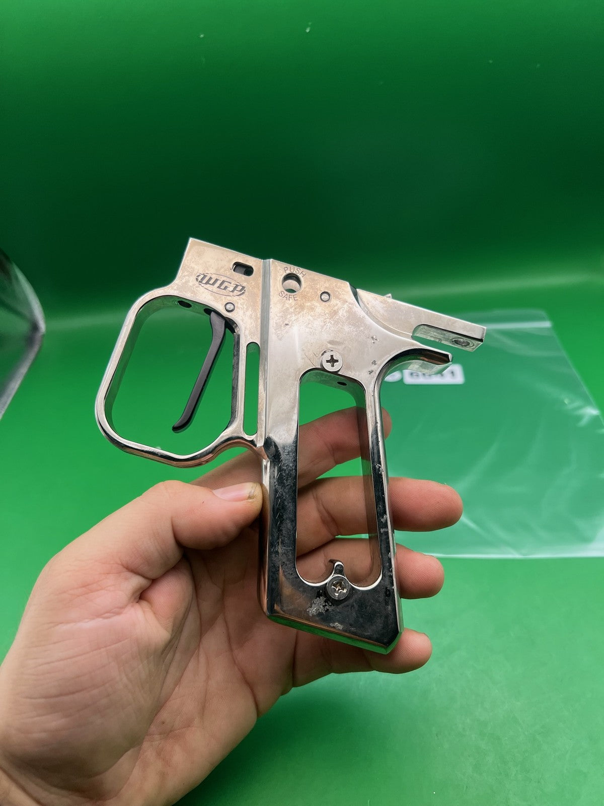 WGP Autcocker Hinge Frame - used paintball grip frame - silver/nickel