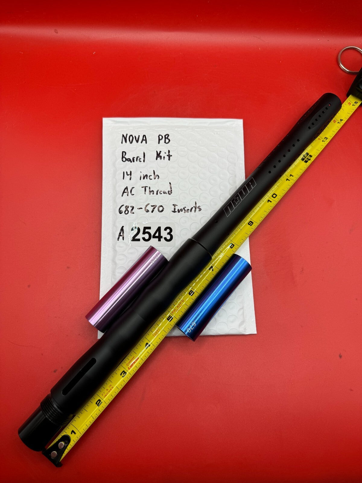 NOVA PB Barrel Kit 14 inch AC Thread 682-670 Inserts - used paintball barrel kit - black / purple / blue
