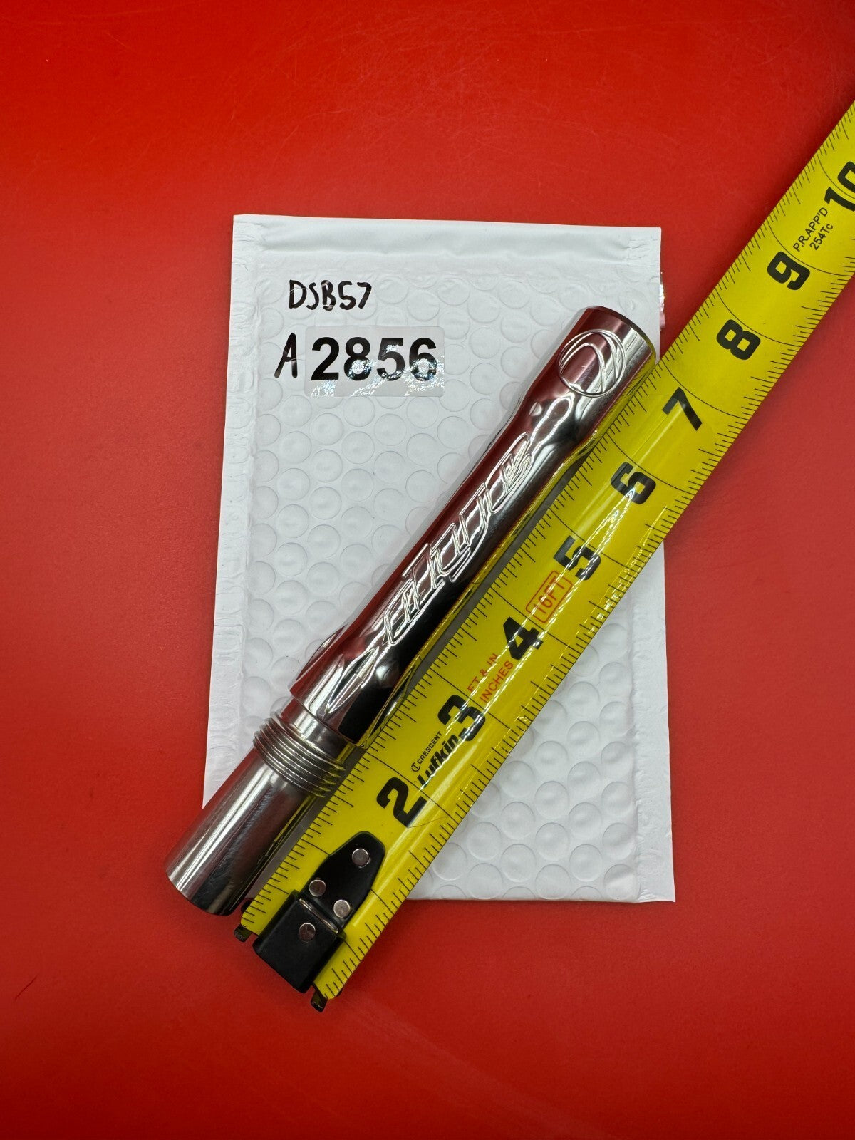 Dye SS Angel Threaded .688 Paintball Barrel Back - used paintball barrel back - silver/red anno