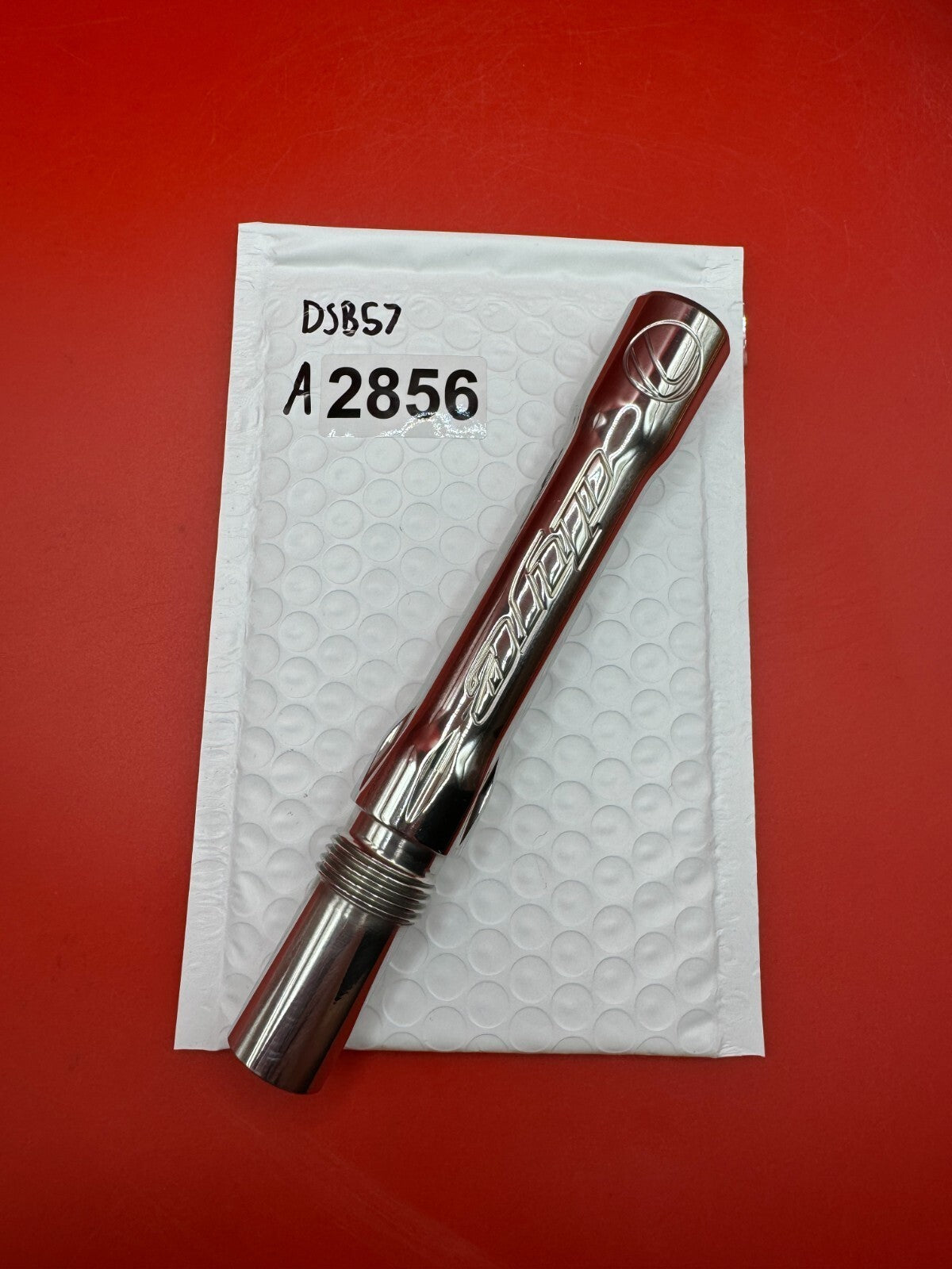 Dye SS Angel Threaded .688 Paintball Barrel Back - used paintball barrel back - silver/red anno