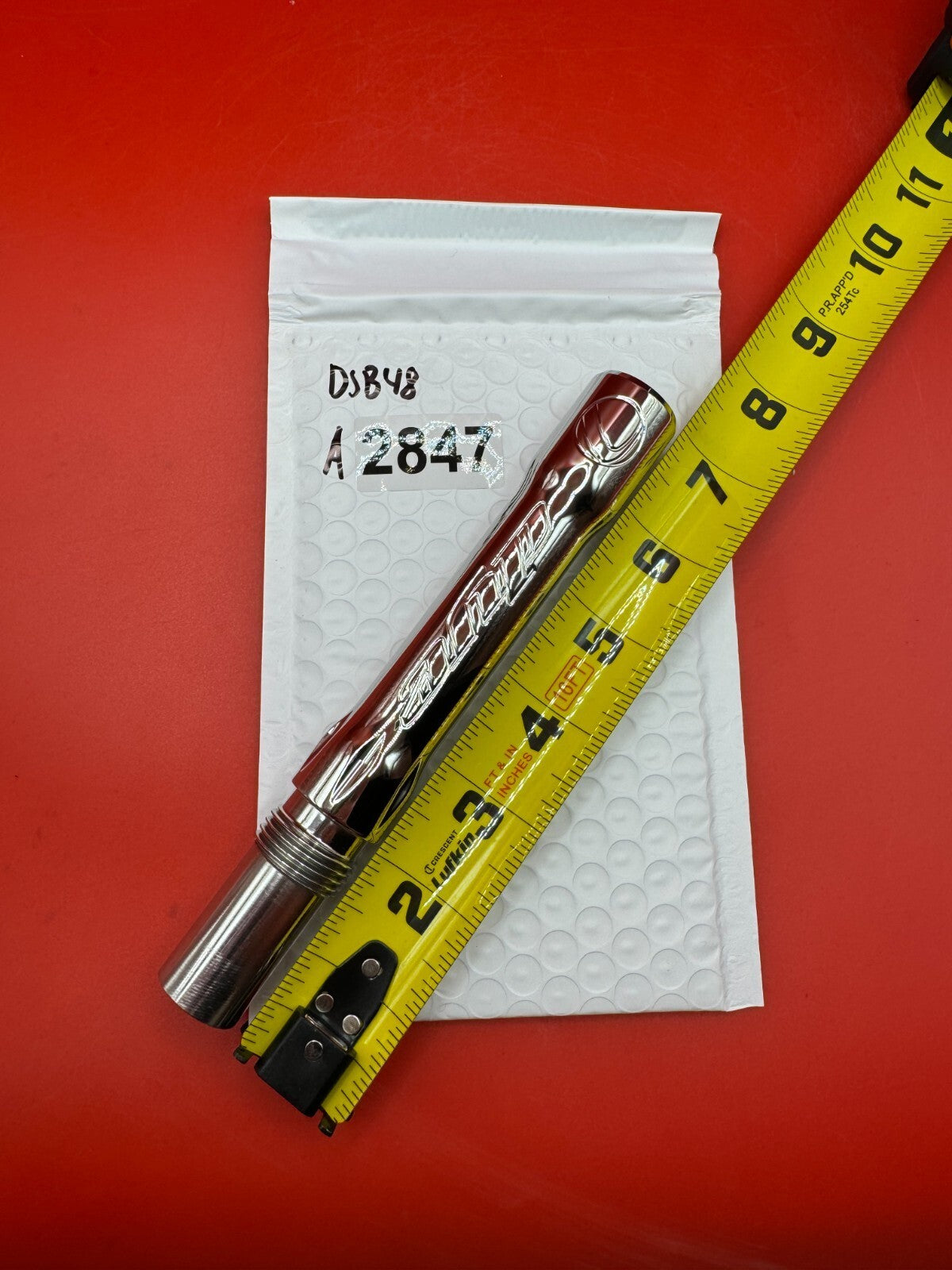 Dye SS Angel Threaded .688 Paintball Barrel Back - used paintball barrel back - red anno / silver chrome