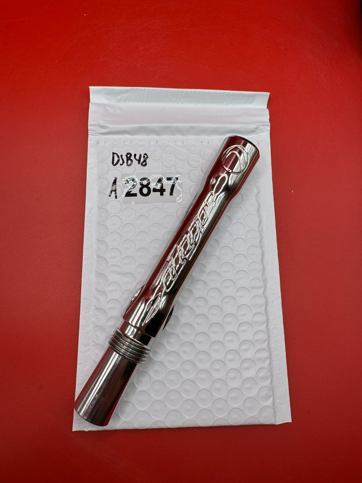 Dye SS Angel Threaded .688 Paintball Barrel Back - used paintball barrel back - red anno / silver chrome