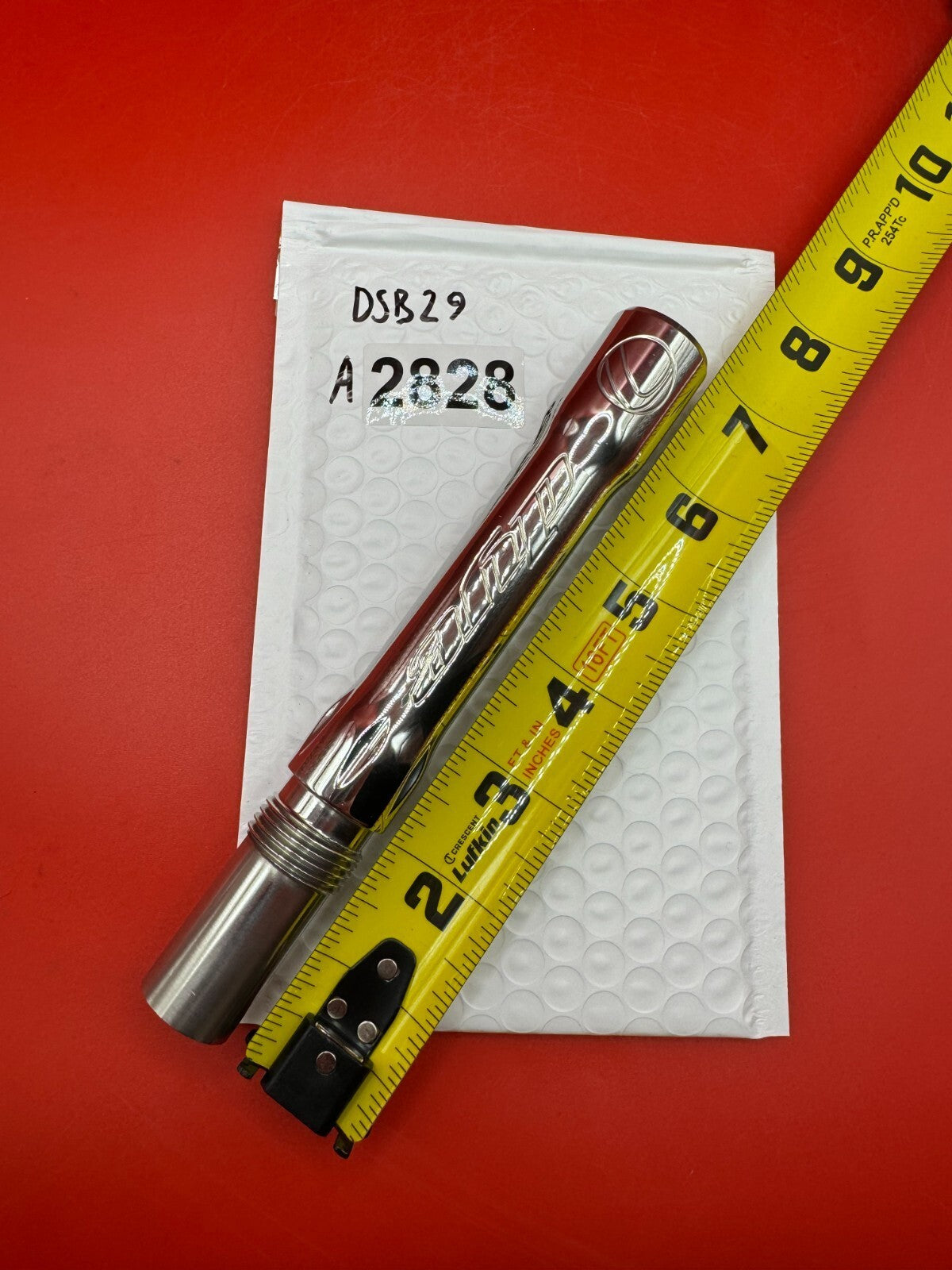 Dye SS Angel Threaded .688 Paintball Barrel Back - used paintball barrel back - silver/red anno