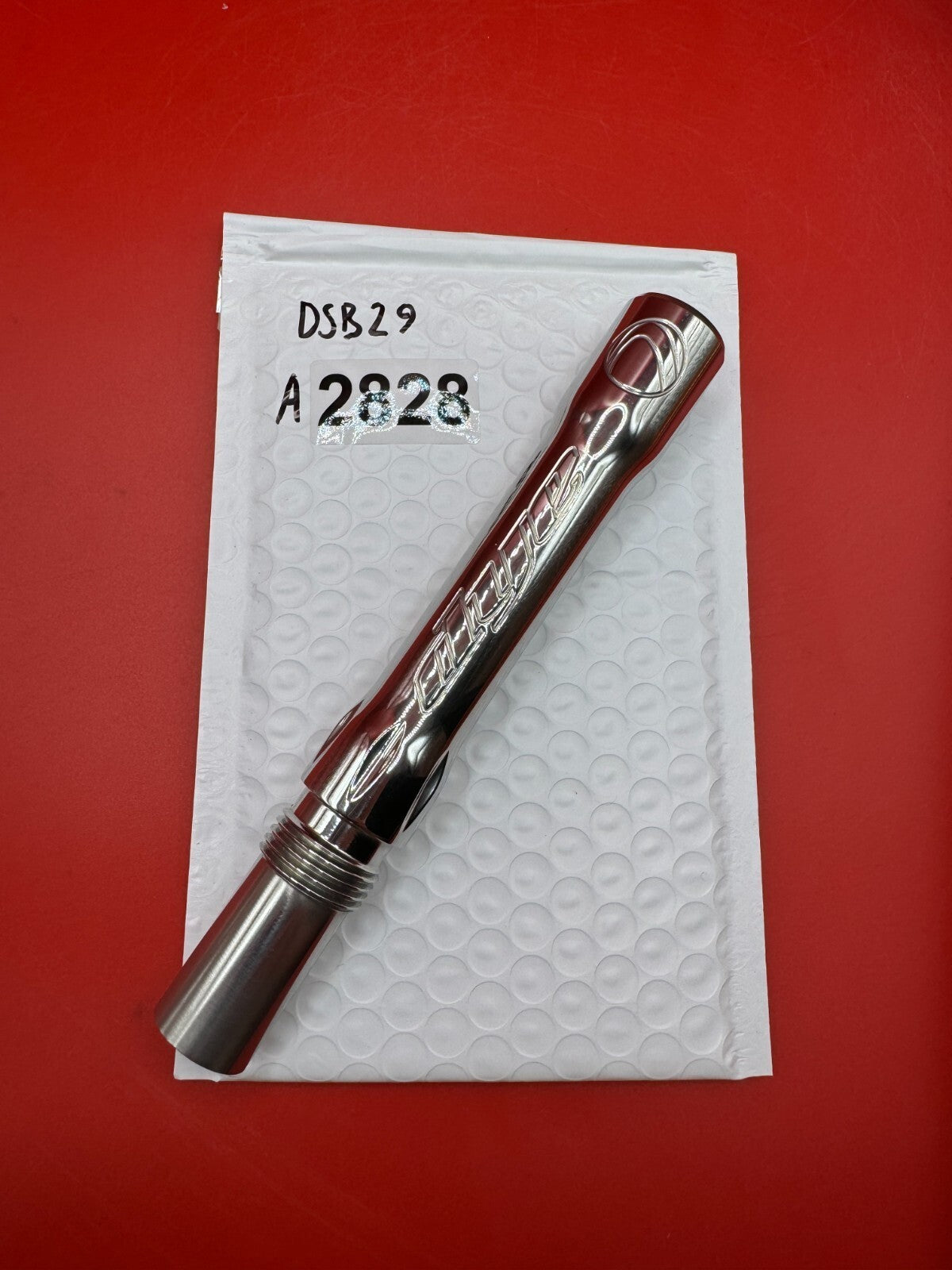 Dye SS Angel Threaded .688 Paintball Barrel Back - used paintball barrel back - silver/red anno