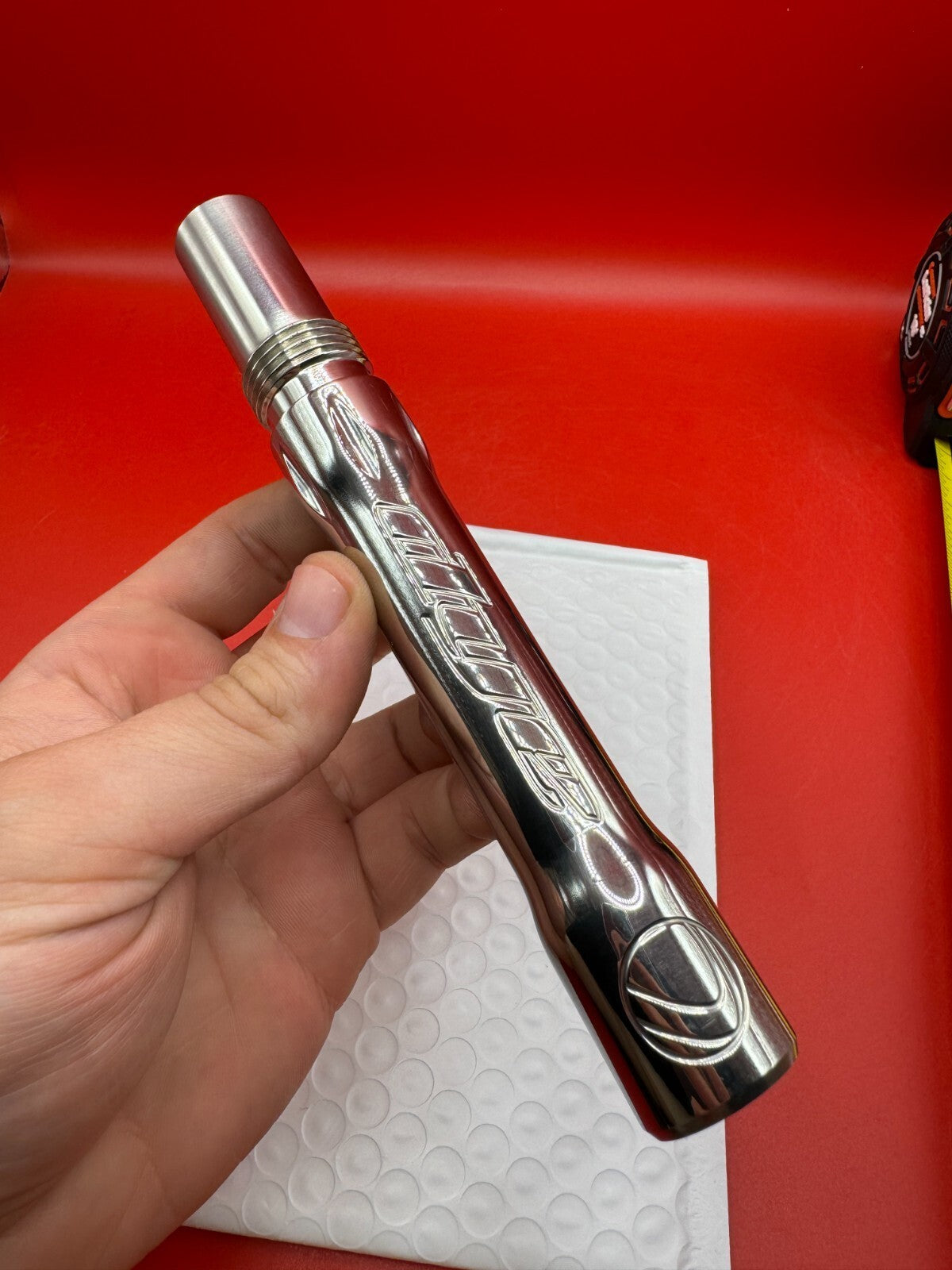 Dye SS Angel Threaded .688 Paintball Barrel Back - used paintball barrel back - silver/red anno