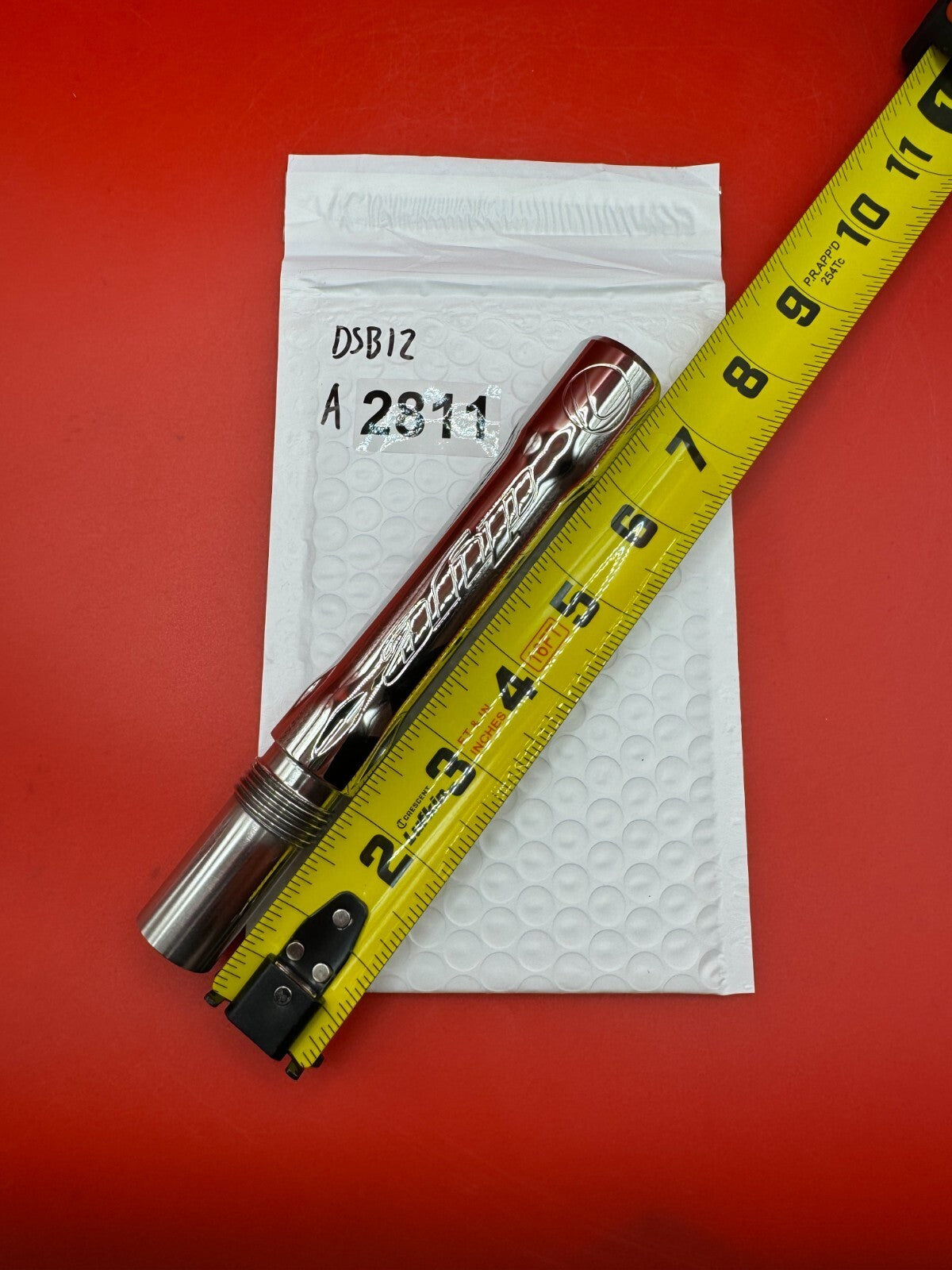 Dye SS Angel Threaded .688 Paintball Barrel Back - used paintball barrel back - silver/red anno