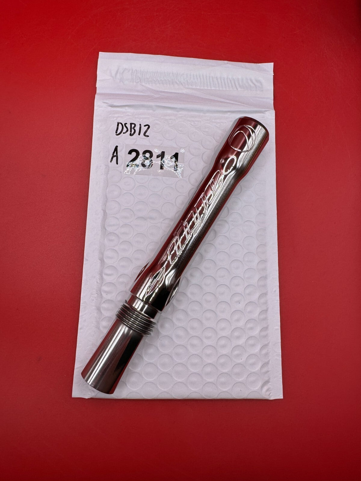 Dye SS Angel Threaded .688 Paintball Barrel Back - used paintball barrel back - silver/red anno