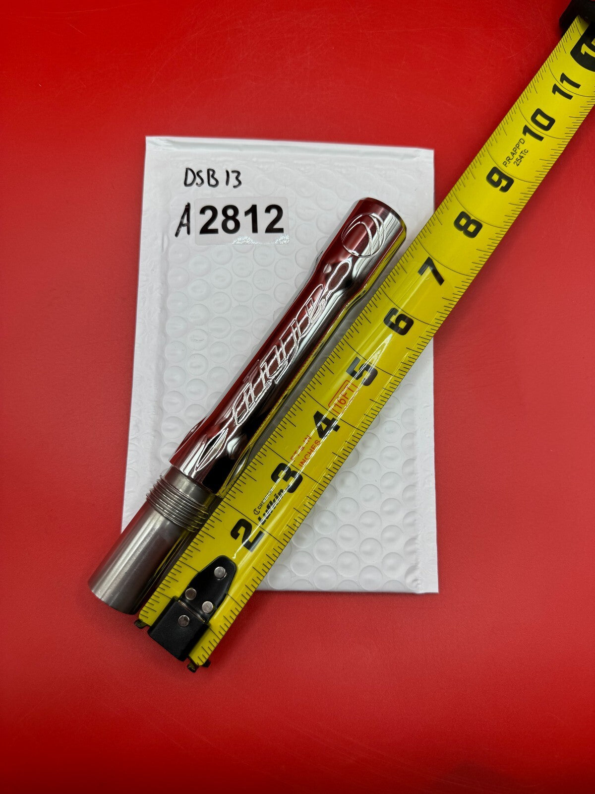 Dye SS Angel Threaded .688 Paintball Barrel Back - used paintball barrel back - red anno/chrome