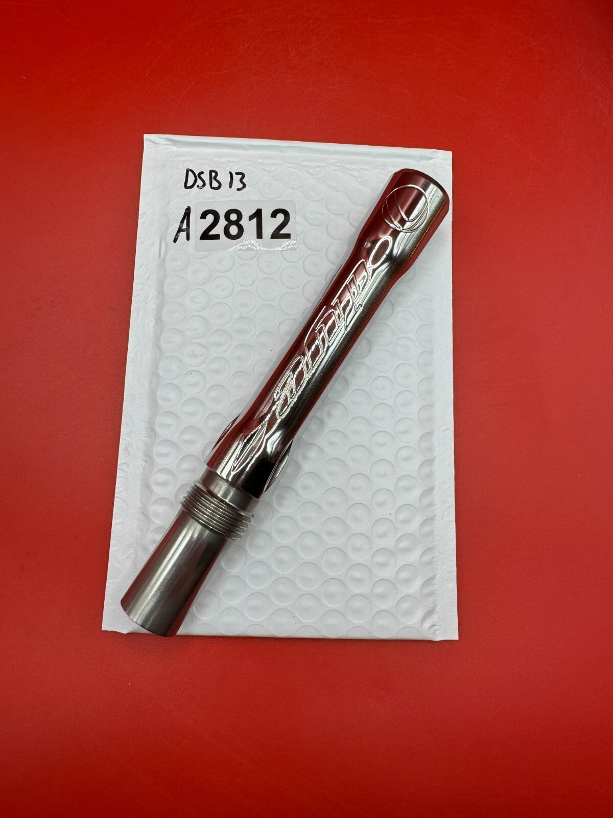 Dye SS Angel Threaded .688 Paintball Barrel Back - used paintball barrel back - red anno/chrome