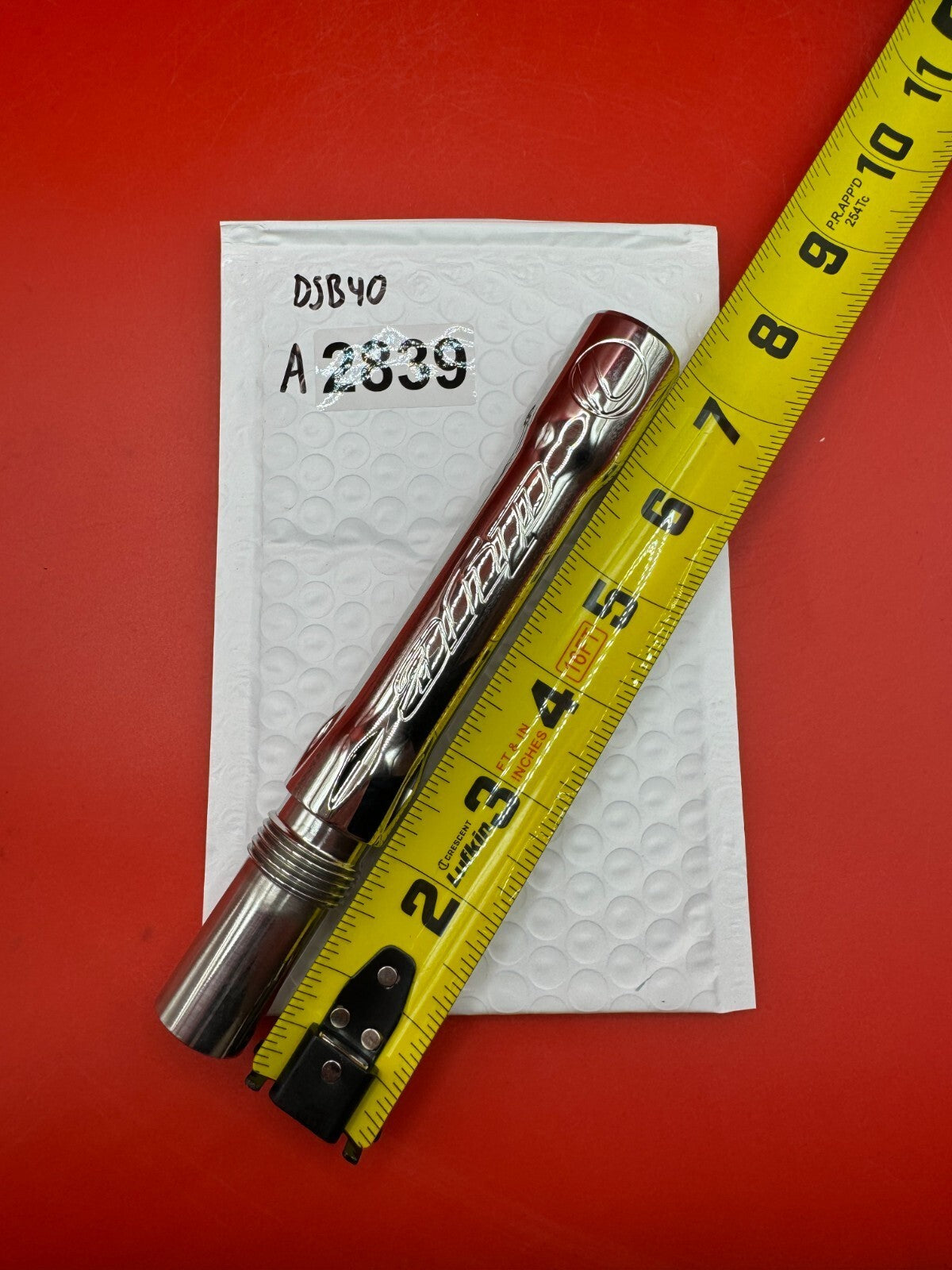 Dye SS Angel Threaded .688 Paintball Barrel Back - used paintball barrel back - silver/red anno