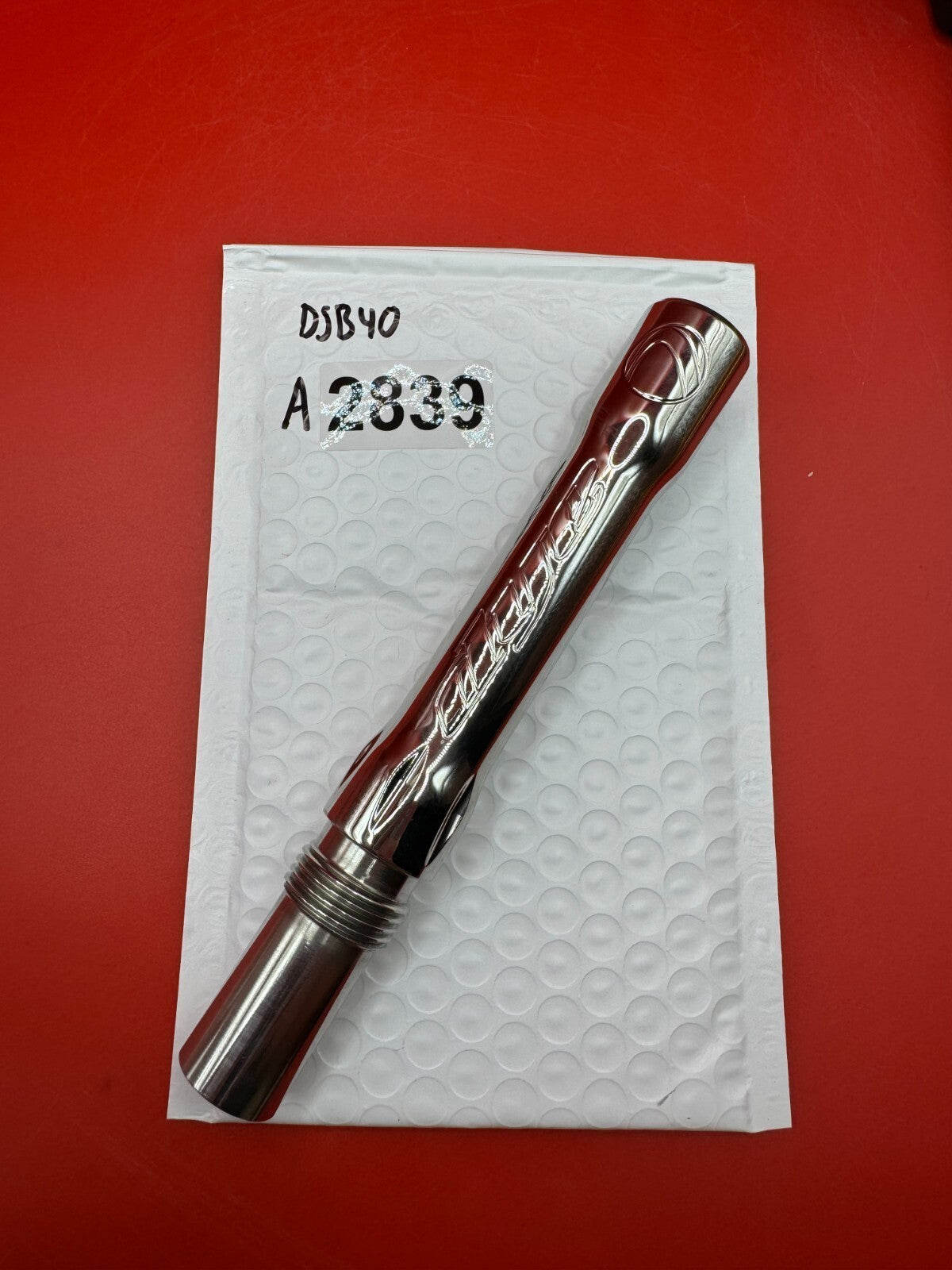 Dye SS Angel Threaded .688 Paintball Barrel Back - used paintball barrel back - silver/red anno