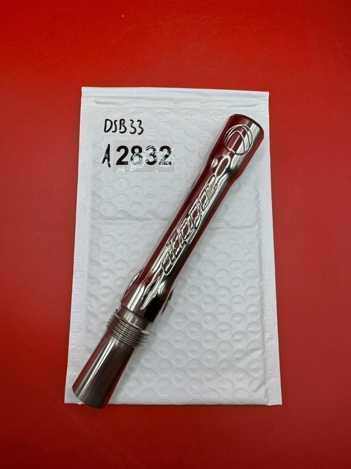 Dye SS Angel Threaded .688 Paintball Barrel Back - used paintball barrel back - silver/red anno