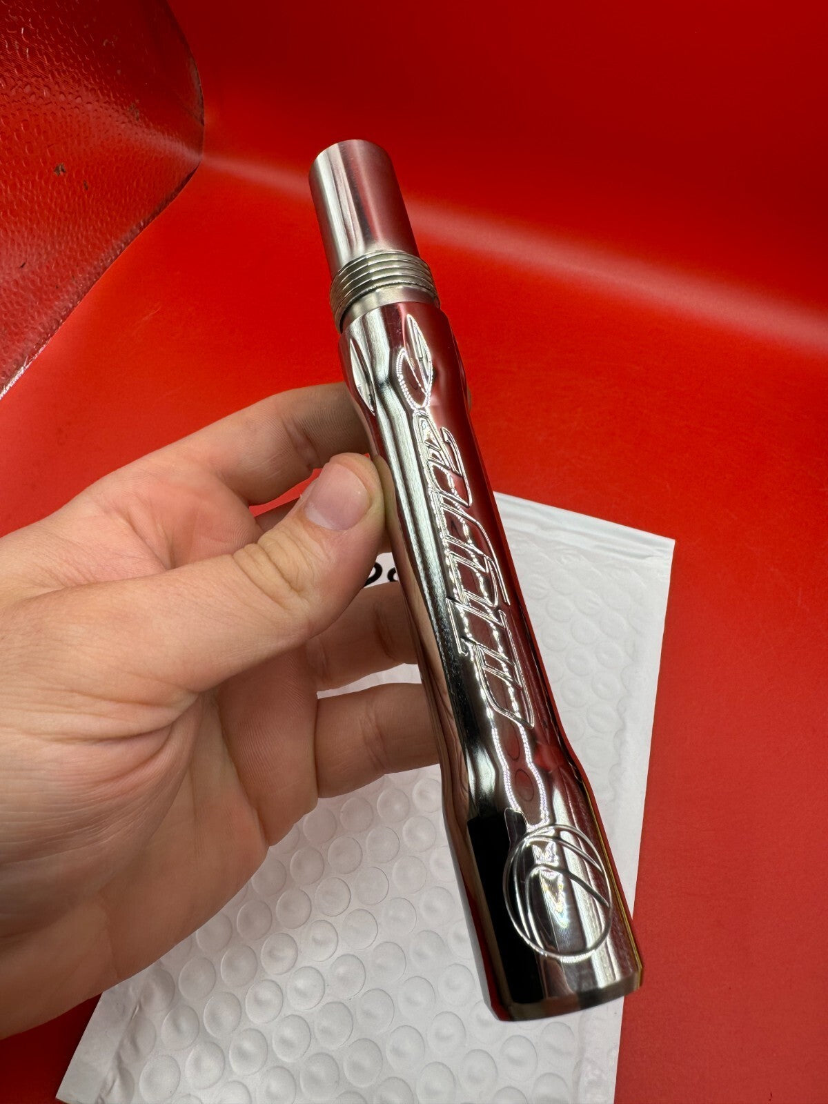 Dye SS Angel Threaded .688 Paintball Barrel Back - used paintball barrel back - silver/red anno