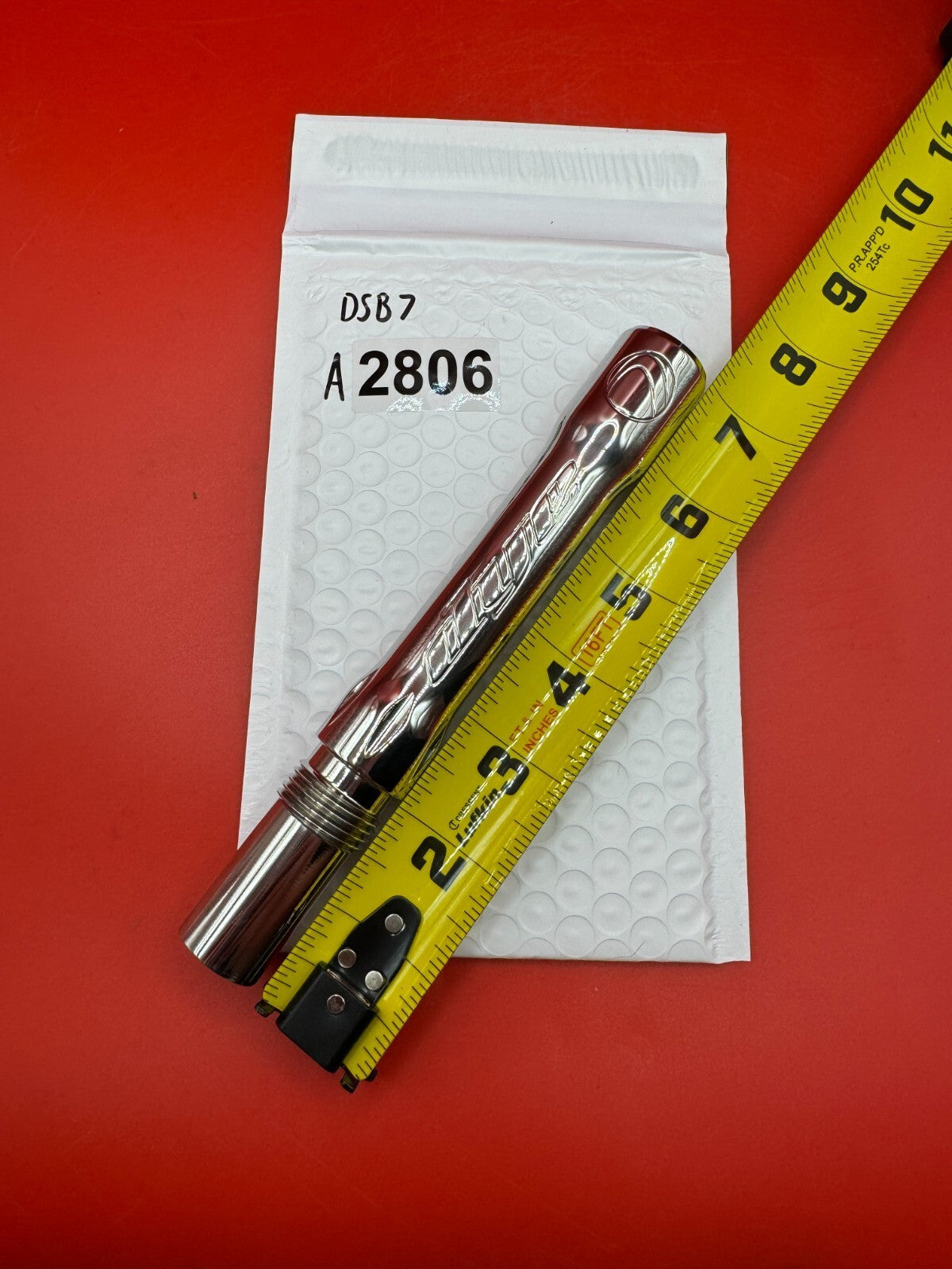 Dye SS Angel Threaded .688 Paintball Barrel Back - used paintball barrel back - silver/red anno