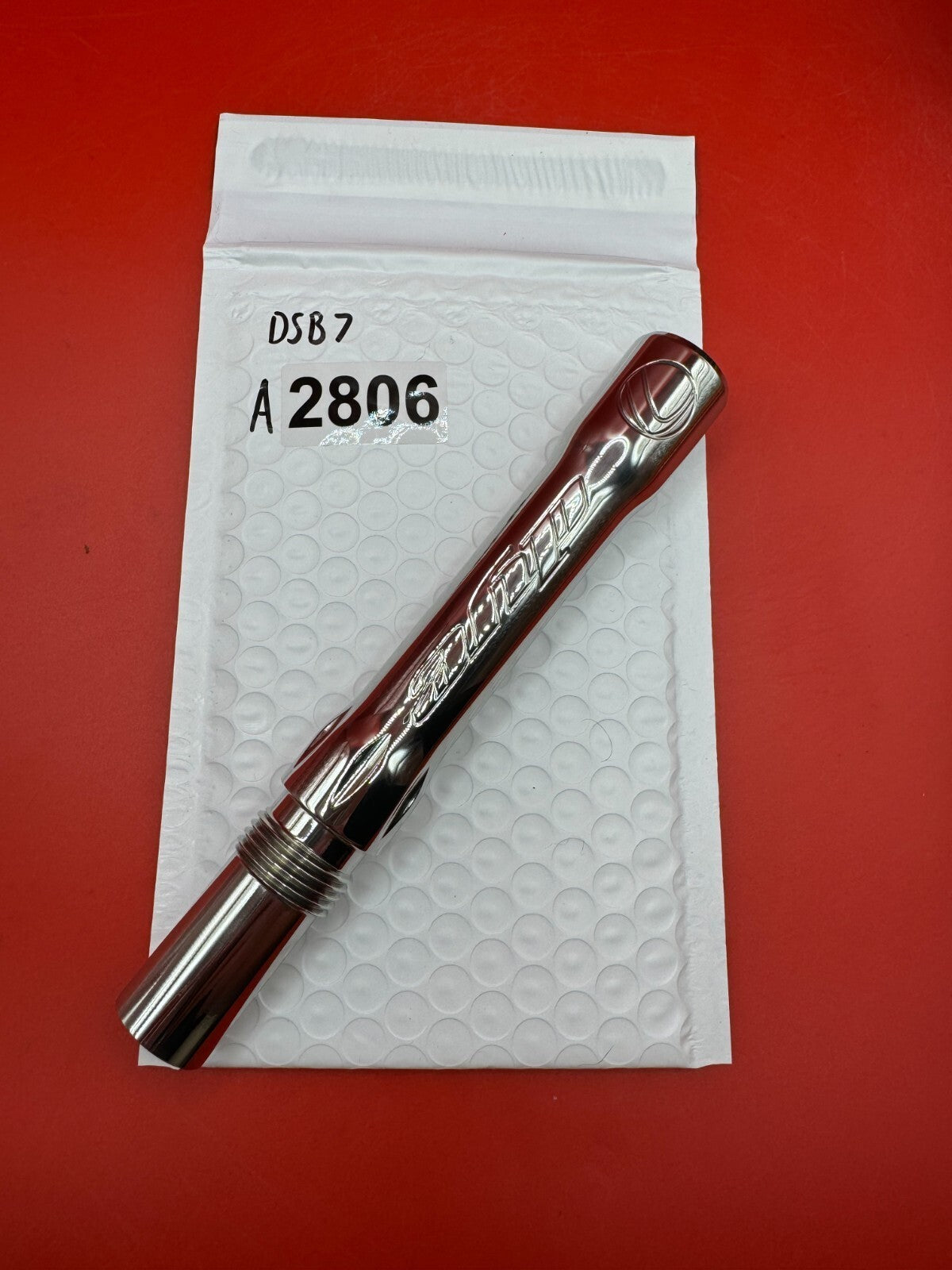 Dye SS Angel Threaded .688 Paintball Barrel Back - used paintball barrel back - silver/red anno