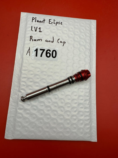 Planet Eclipse LV1 Ram and Cap - used paintball ram and cap assembly - red anno / stainless