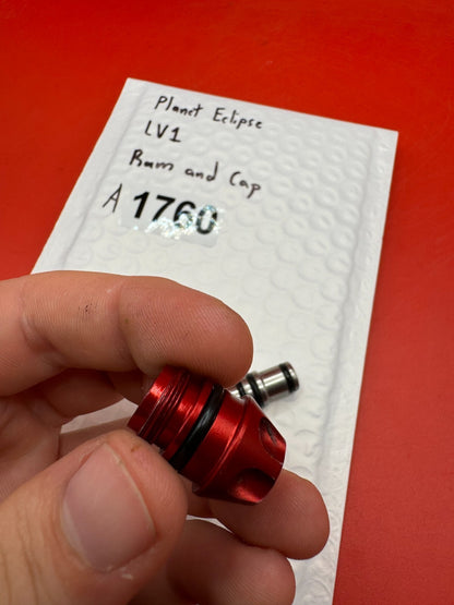 Planet Eclipse LV1 Ram and Cap - used paintball ram and cap assembly - red anno / stainless