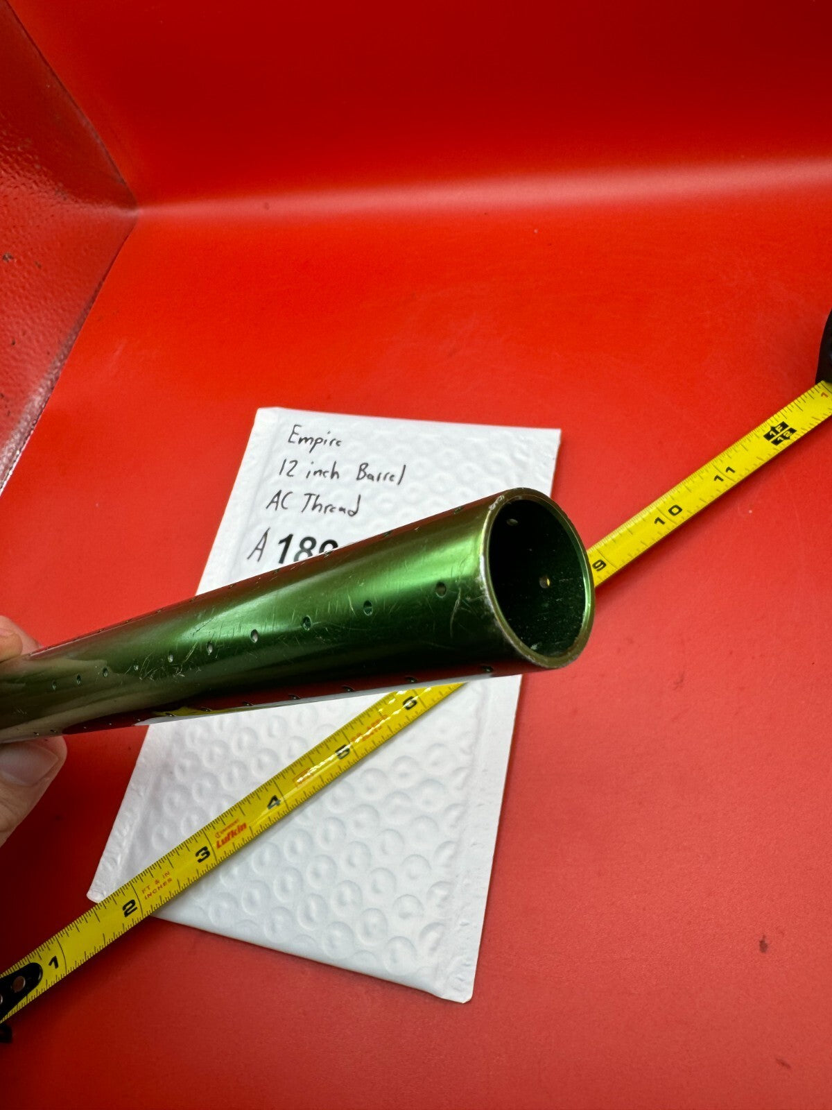 Empire 12 Inch Paintball Barrel AC Thread - used paintball barrel - green anno