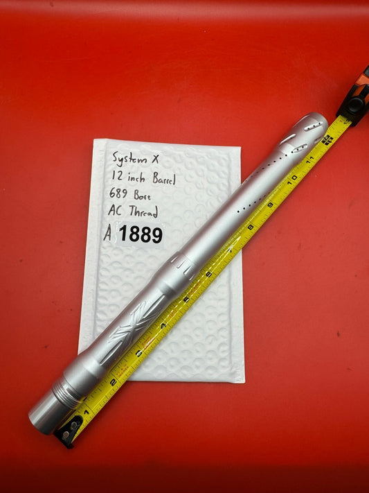 System X 12 Inch Paintball Barrel 689 Bore AC Thread - used paintball barrel - silver