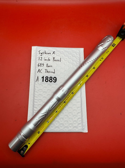 System X 12 Inch Paintball Barrel 689 Bore AC Thread - used paintball barrel - silver