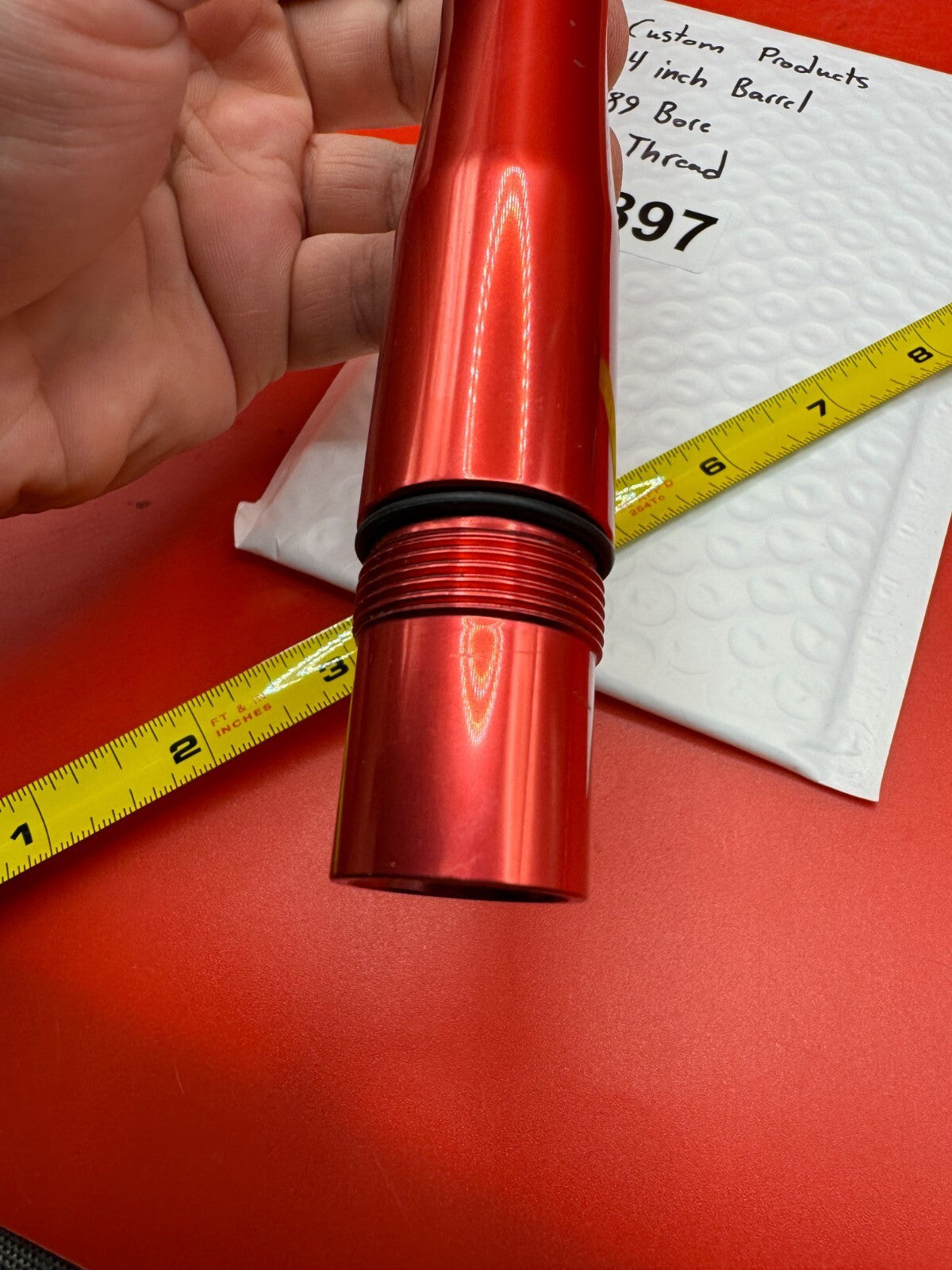 Custom Products 14 Inch Paintball Barrel 689 Bore AC Thread - used paintball barrel - red anno