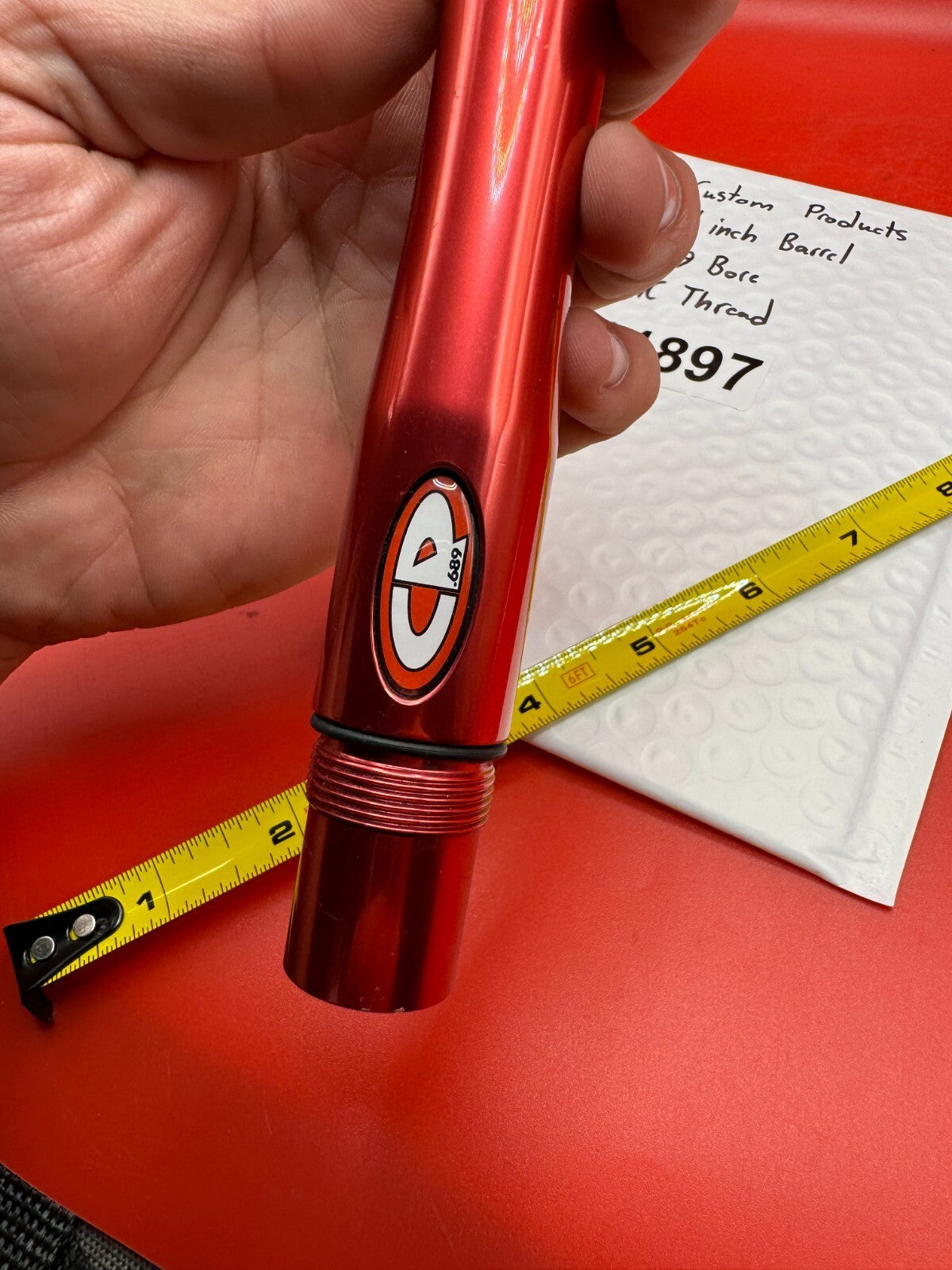 Custom Products 14 Inch Paintball Barrel 689 Bore AC Thread - used paintball barrel - red anno