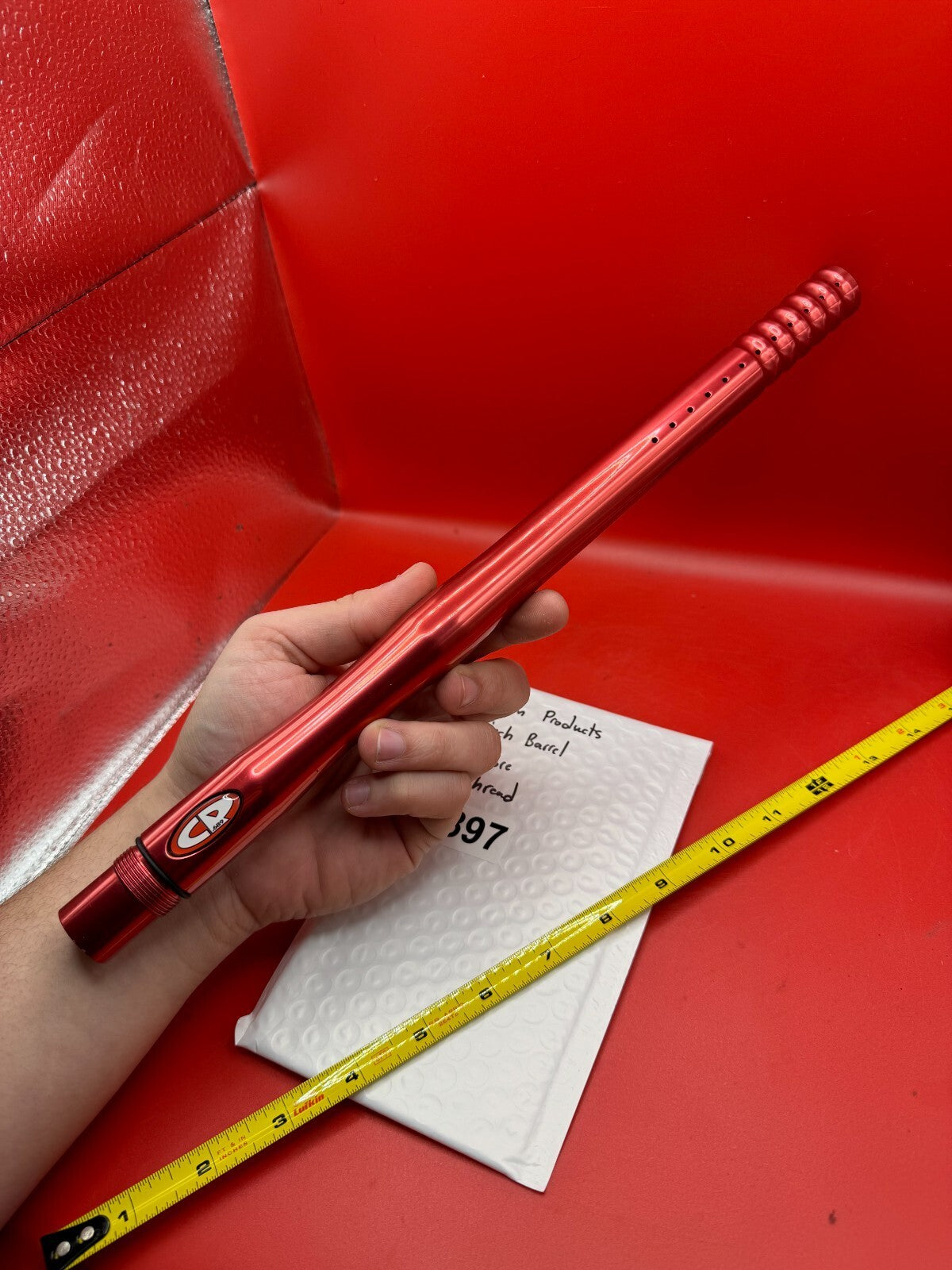 Custom Products 14 Inch Paintball Barrel 689 Bore AC Thread - used paintball barrel - red anno