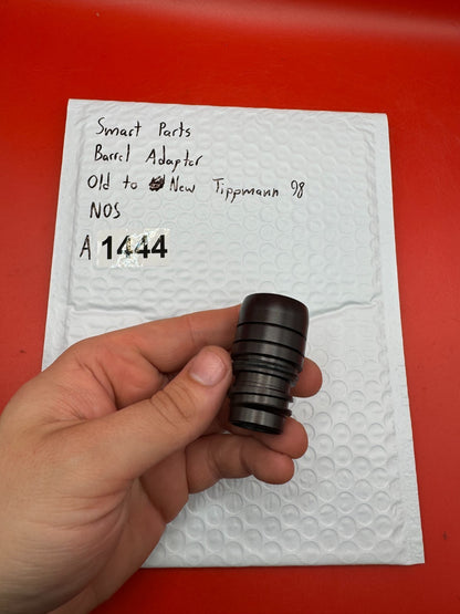 Smart Parts Barrel Adapter Old to New Tippmann 98 NOS - used paintball barrel thread adapter - black