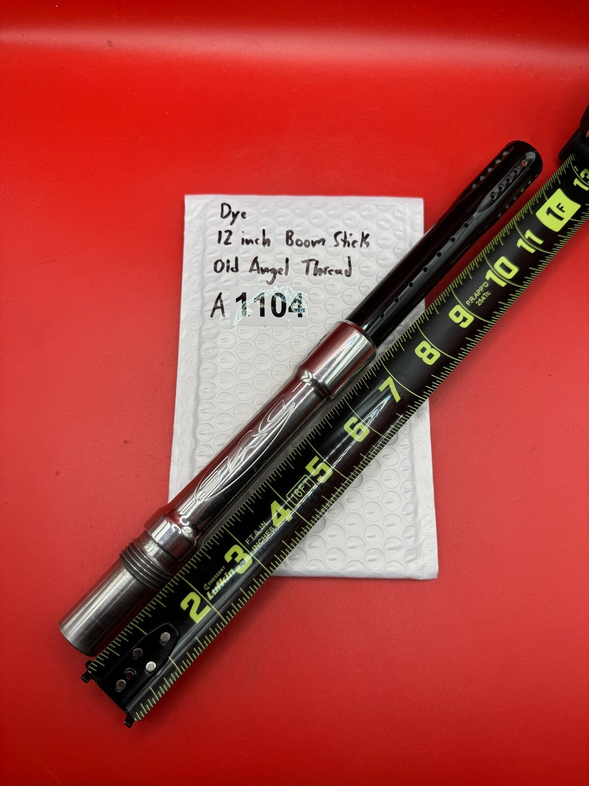 Dye 12 inch  Boom Stick Old Angel Thread - used paintball barrel (two-piece back) - black ano body / polished silver stainless back