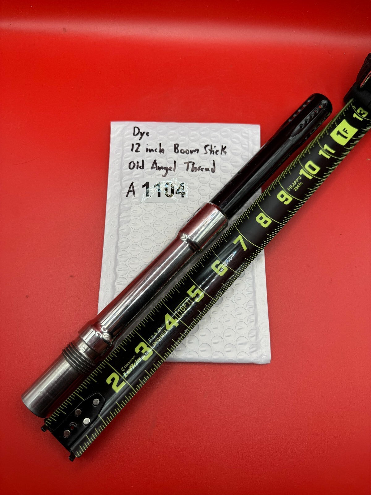 Dye 12 inch  Boom Stick Old Angel Thread - used paintball barrel (two-piece back) - black ano body / polished silver stainless back