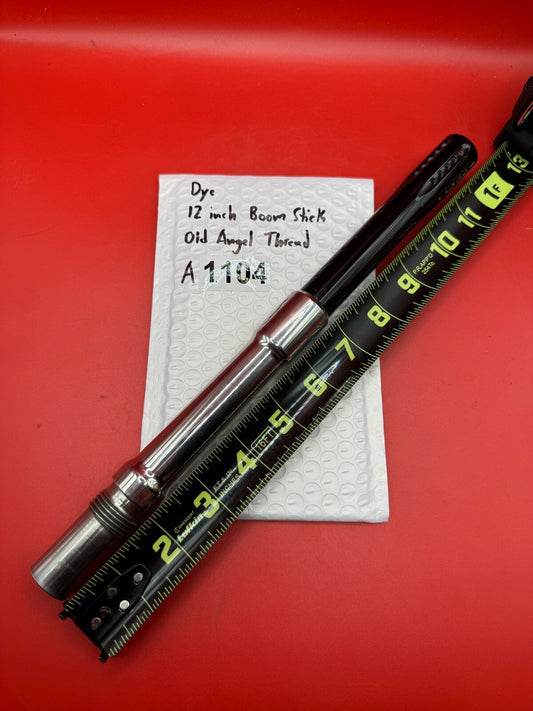 Dye 12 inch  Boom Stick Old Angel Thread - used paintball barrel (two-piece back) - black ano body / polished silver stainless back