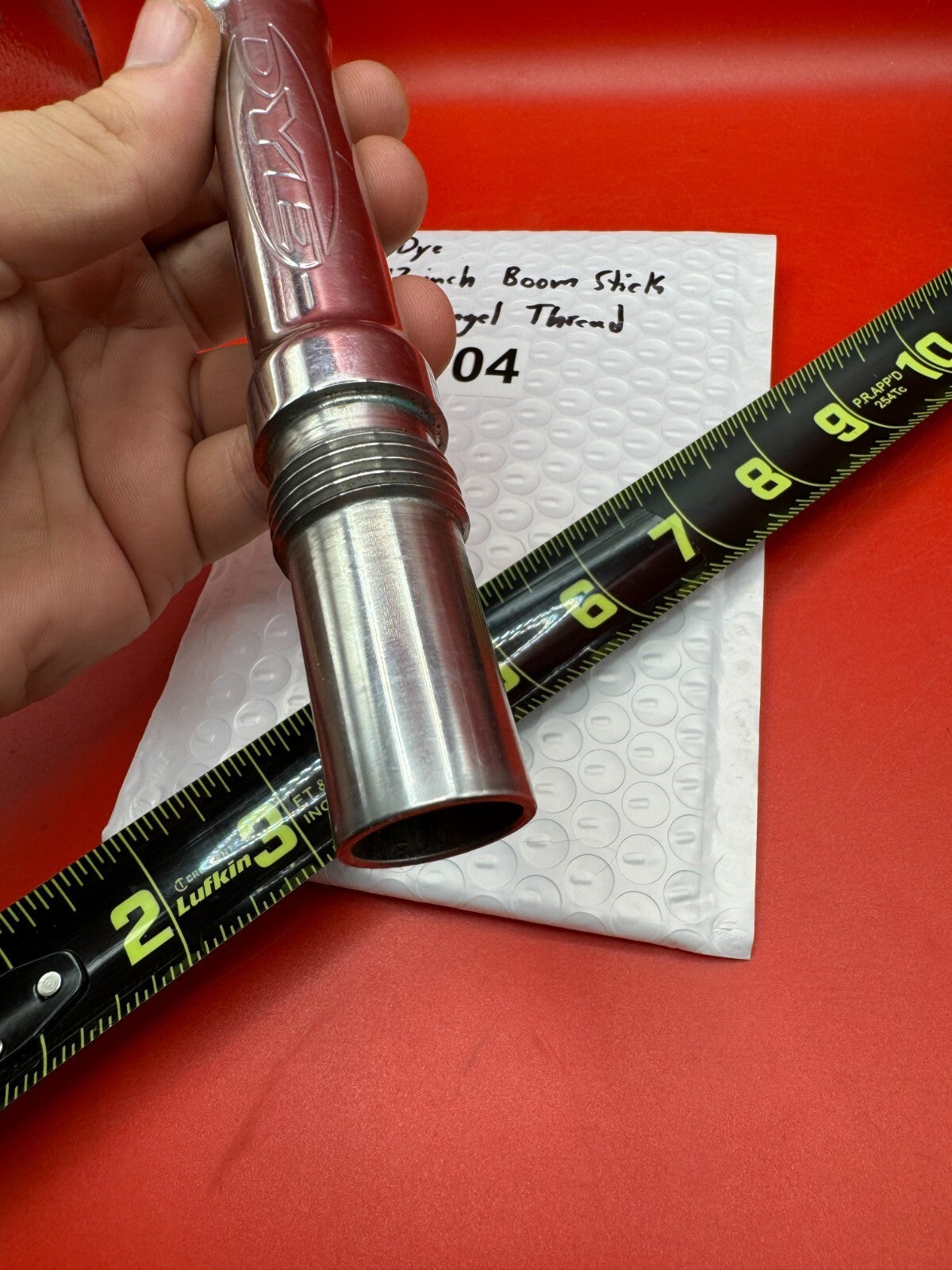 Dye 12 inch  Boom Stick Old Angel Thread - used paintball barrel (two-piece back) - black ano body / polished silver stainless back