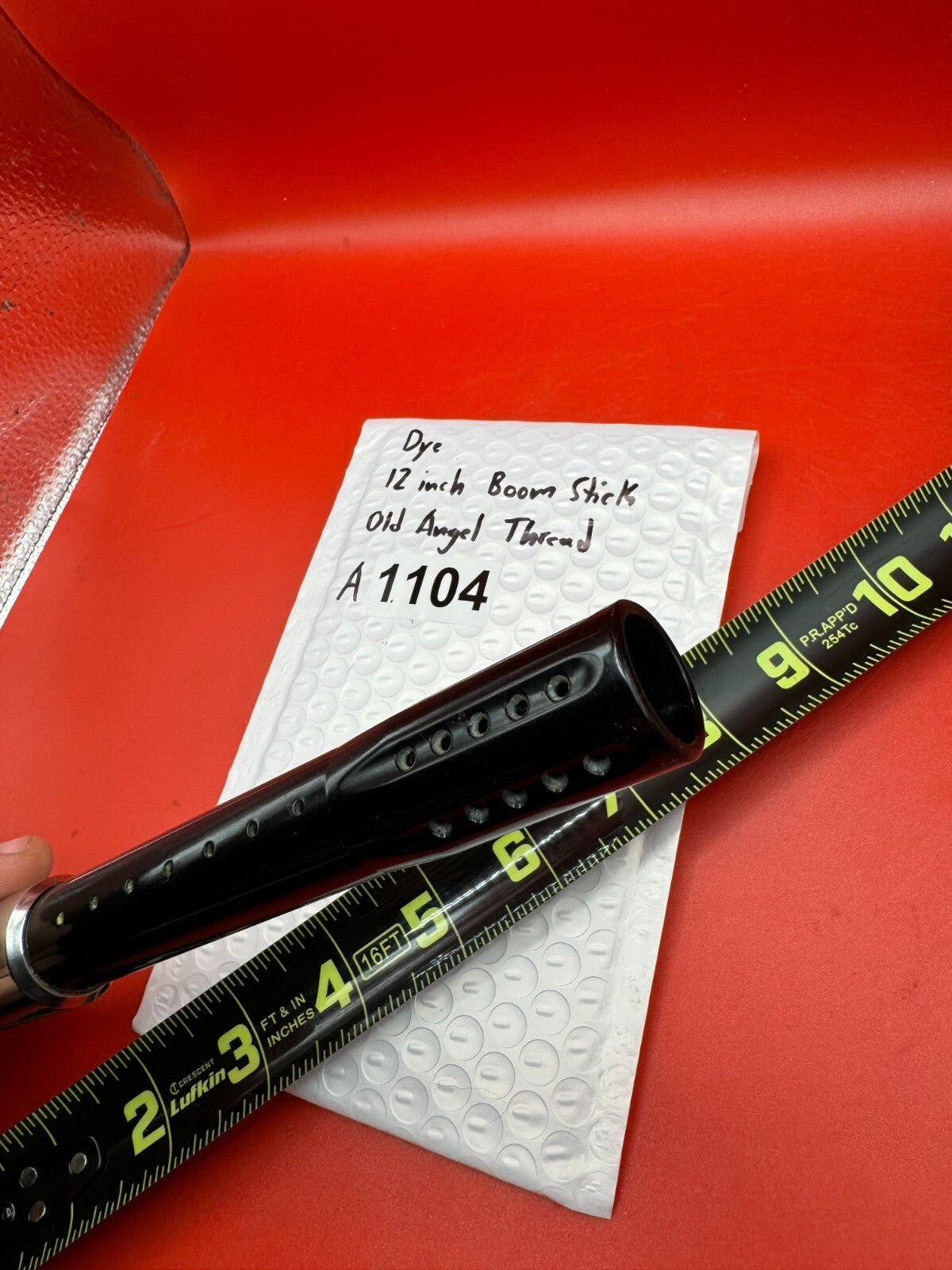 Dye 12 inch  Boom Stick Old Angel Thread - used paintball barrel (two-piece back) - black ano body / polished silver stainless back