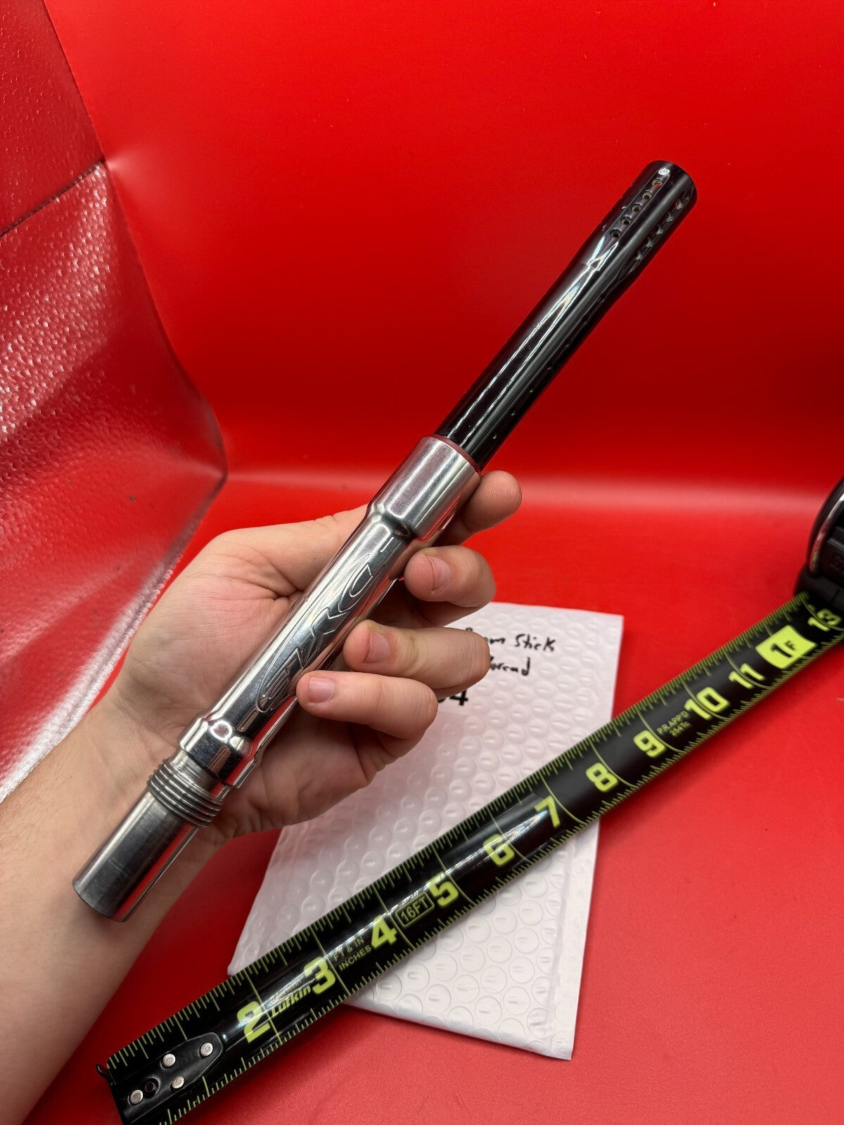 Dye 12 inch  Boom Stick Old Angel Thread - used paintball barrel (two-piece back) - black ano body / polished silver stainless back