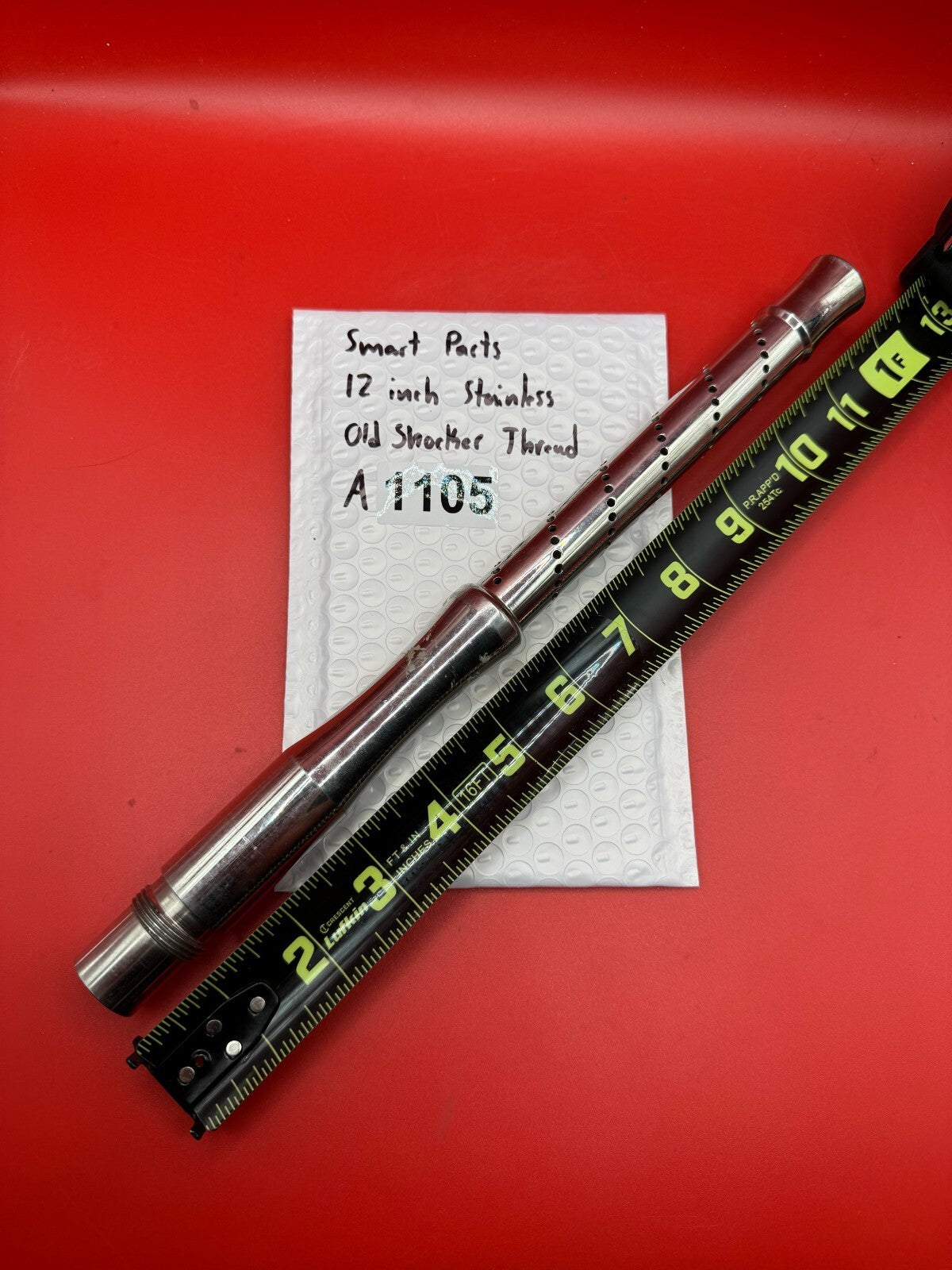 Smart Parts 12 inch Stainless Old Shocker Thread - used paintball barrel - red anno with polished stainless