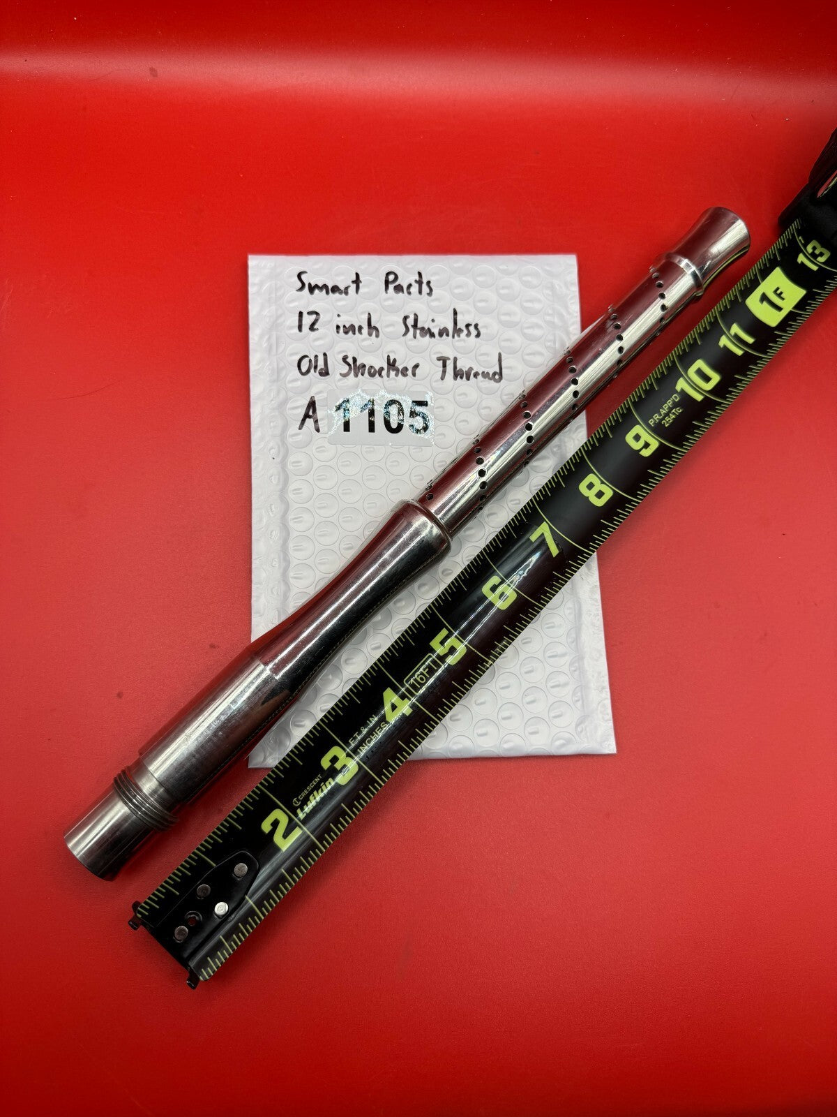 Smart Parts 12 inch Stainless Old Shocker Thread - used paintball barrel - red anno with polished stainless