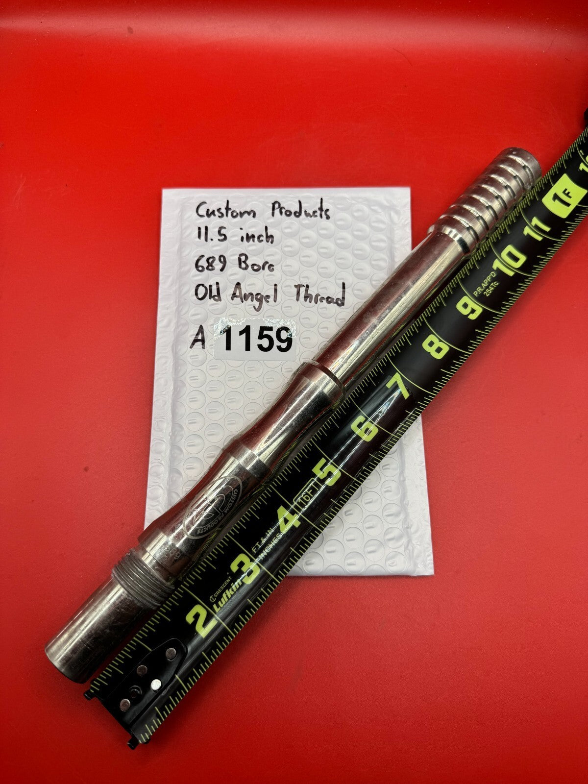 Custom Products 11.5 inch 689 Bore Old Angel Thread - used paintball barrel (two-piece style: back/breech section with tip) - red anno with polished silver accent rings
