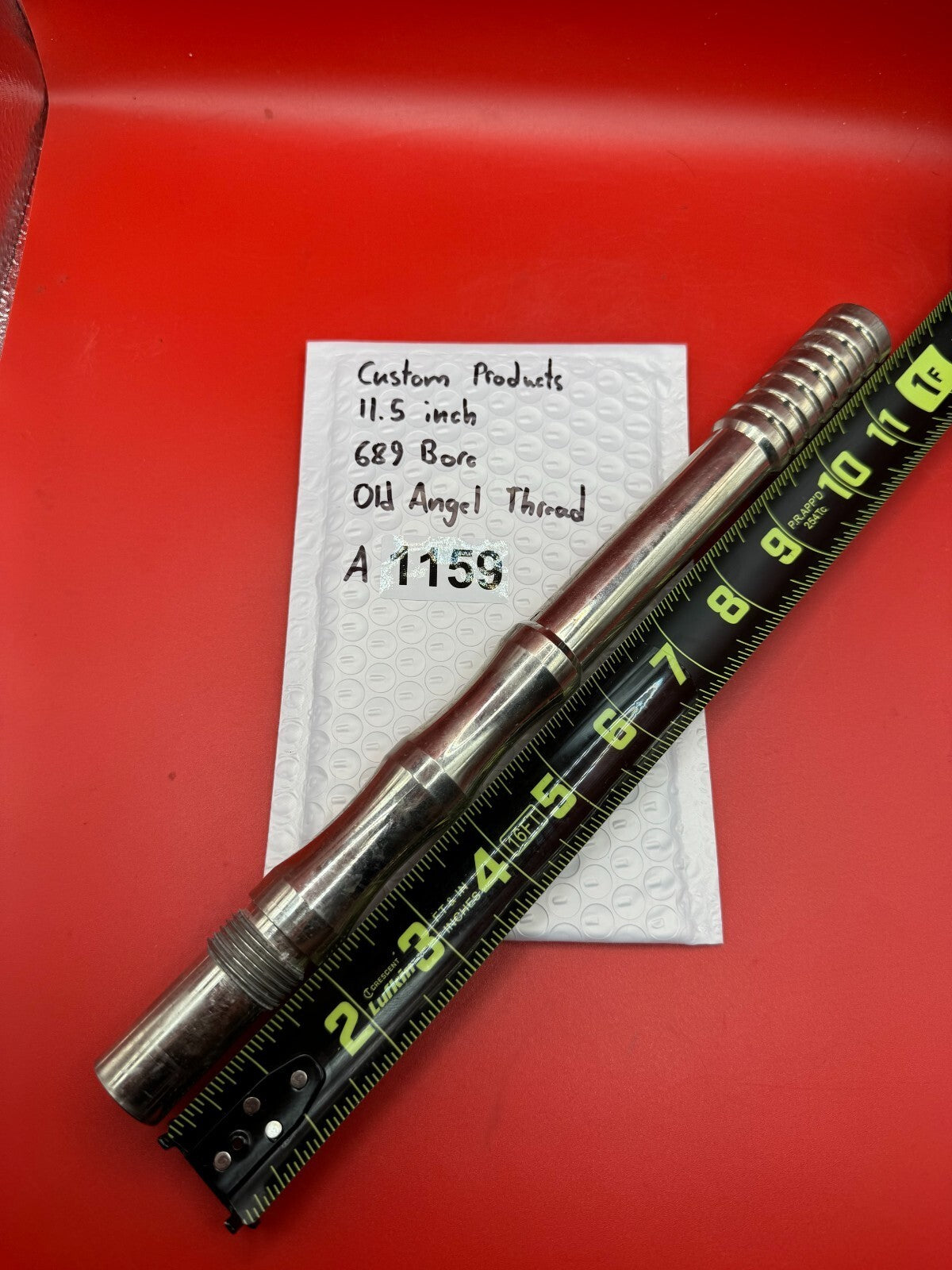 Custom Products 11.5 inch 689 Bore Old Angel Thread - used paintball barrel (two-piece style: back/breech section with tip) - red anno with polished silver accent rings