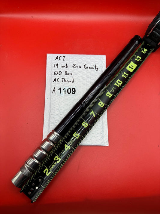 ACI 14 inch Zero Gravity 690 Bore AC Thread - used paintball barrel (one-piece) - black with silver/polished stainless steel base