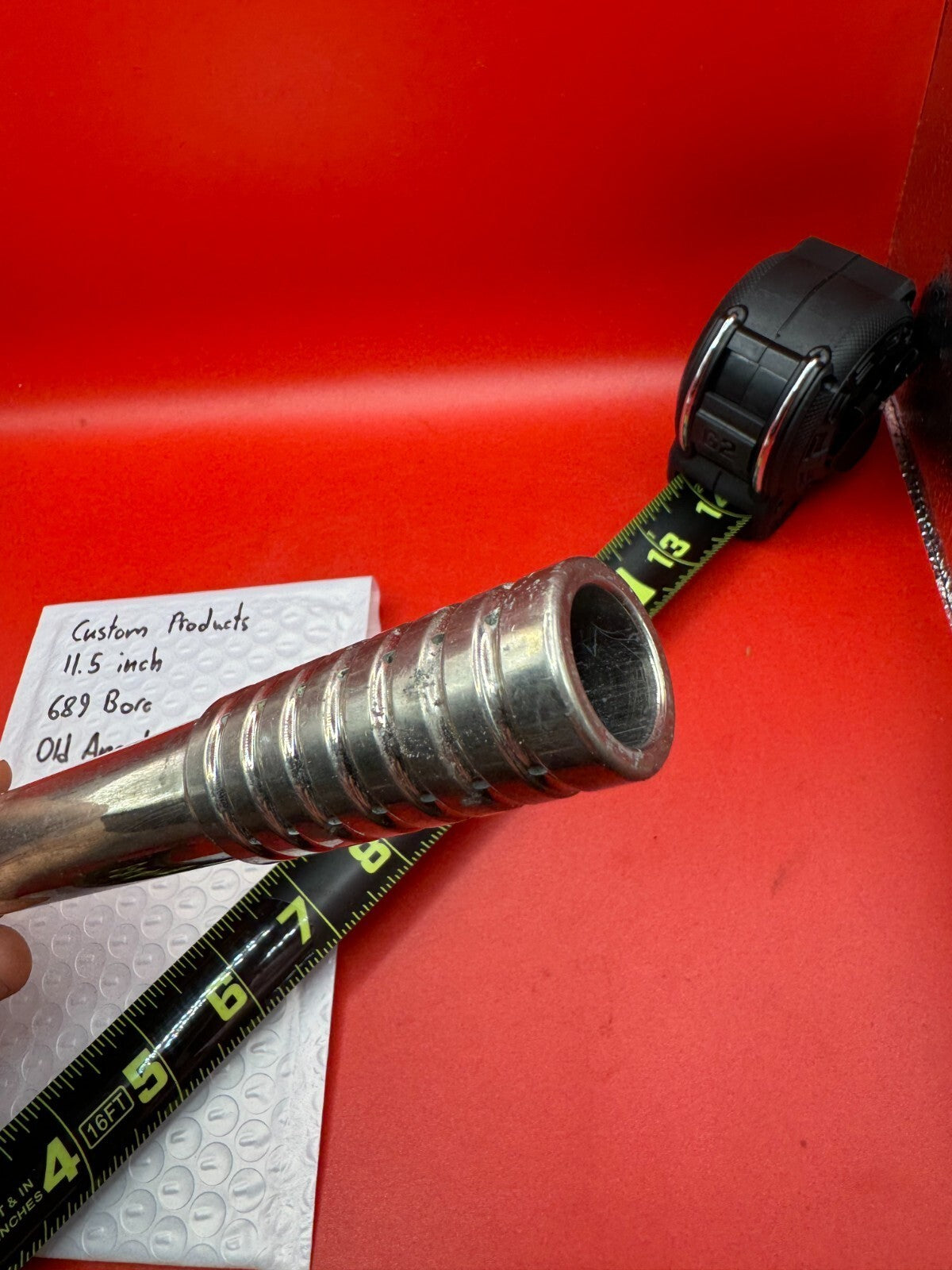 Custom Products 11.5 inch 689 Bore Old Angel Thread - used paintball barrel (two-piece style: back/breech section with tip) - red anno with polished silver accent rings