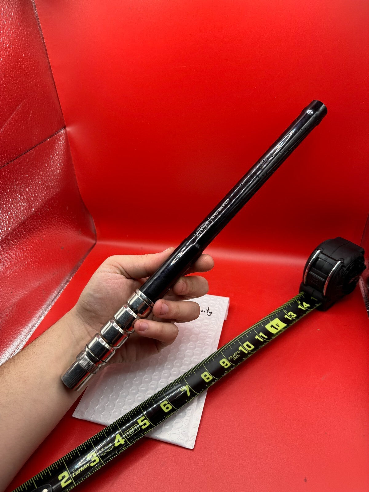 ACI 14 inch Zero Gravity 690 Bore AC Thread - used paintball barrel (one-piece) - black with silver/polished stainless steel base