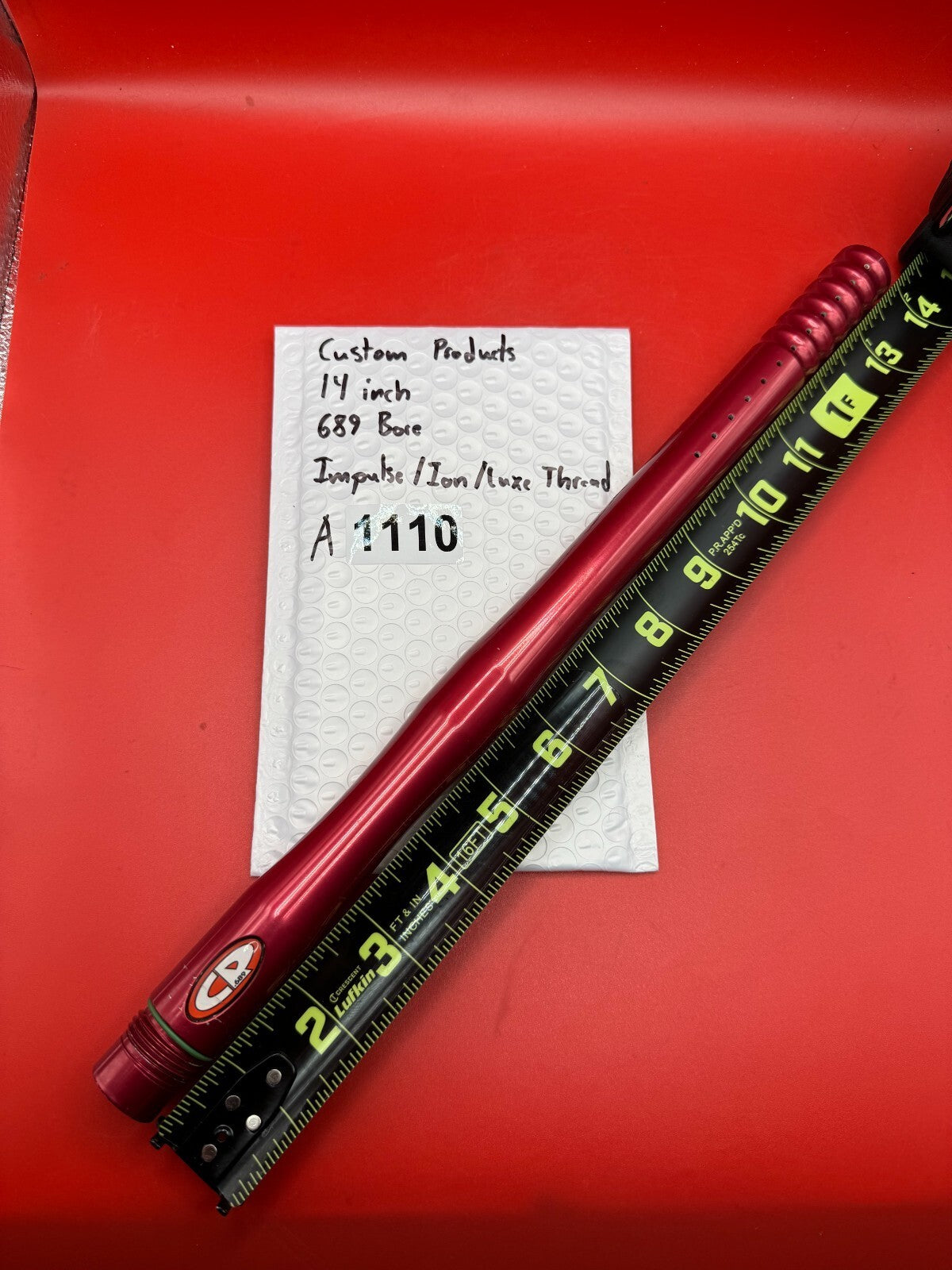 Custom Products 14 inch 689 Bore Impulse/Ion/Luxe Thread - used paintball barrel (one-piece) - red anno