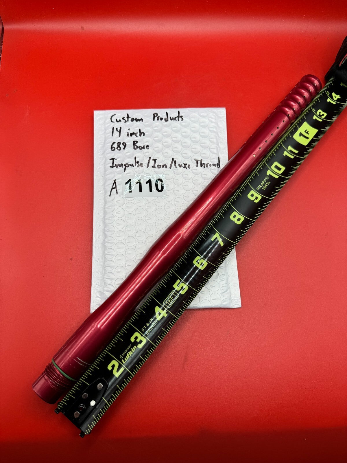 Custom Products 14 inch 689 Bore Impulse/Ion/Luxe Thread - used paintball barrel (one-piece) - red anno