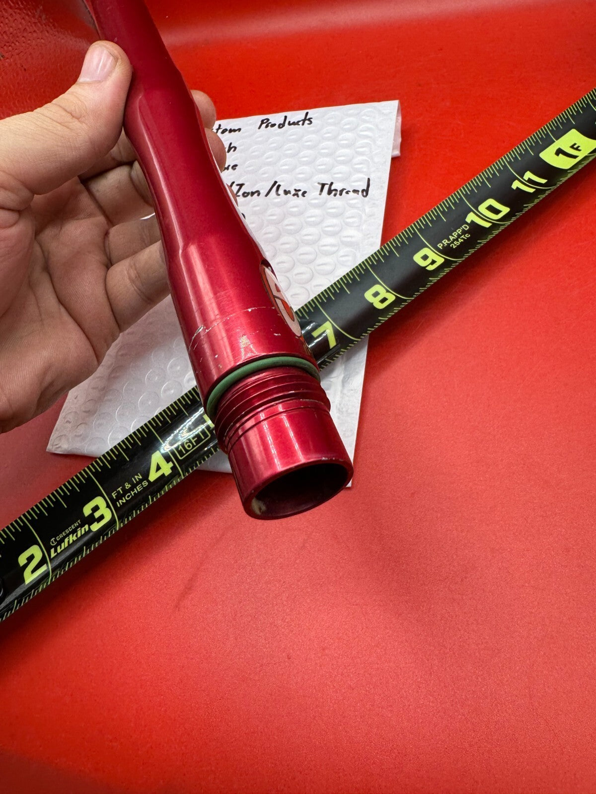 Custom Products 14 inch 689 Bore Impulse/Ion/Luxe Thread - used paintball barrel (one-piece) - red anno