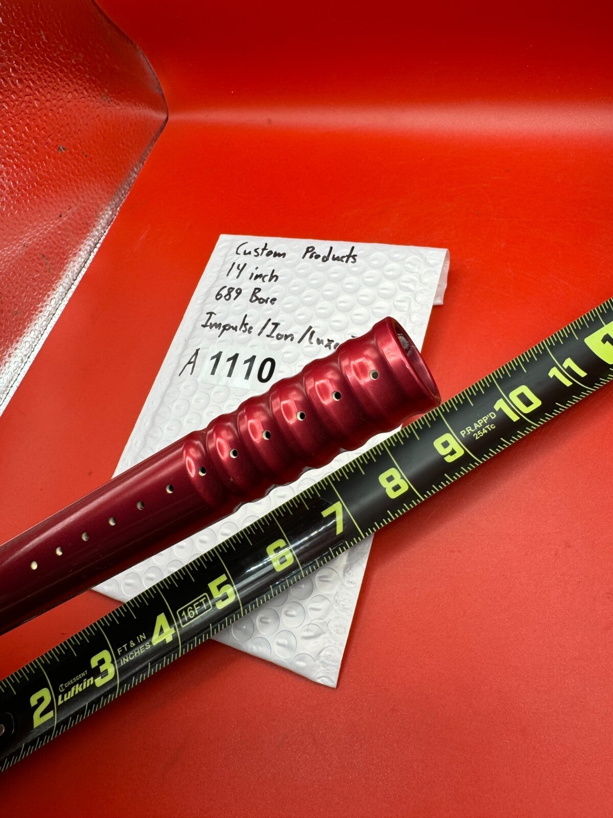 Custom Products 14 inch 689 Bore Impulse/Ion/Luxe Thread - used paintball barrel (one-piece) - red anno