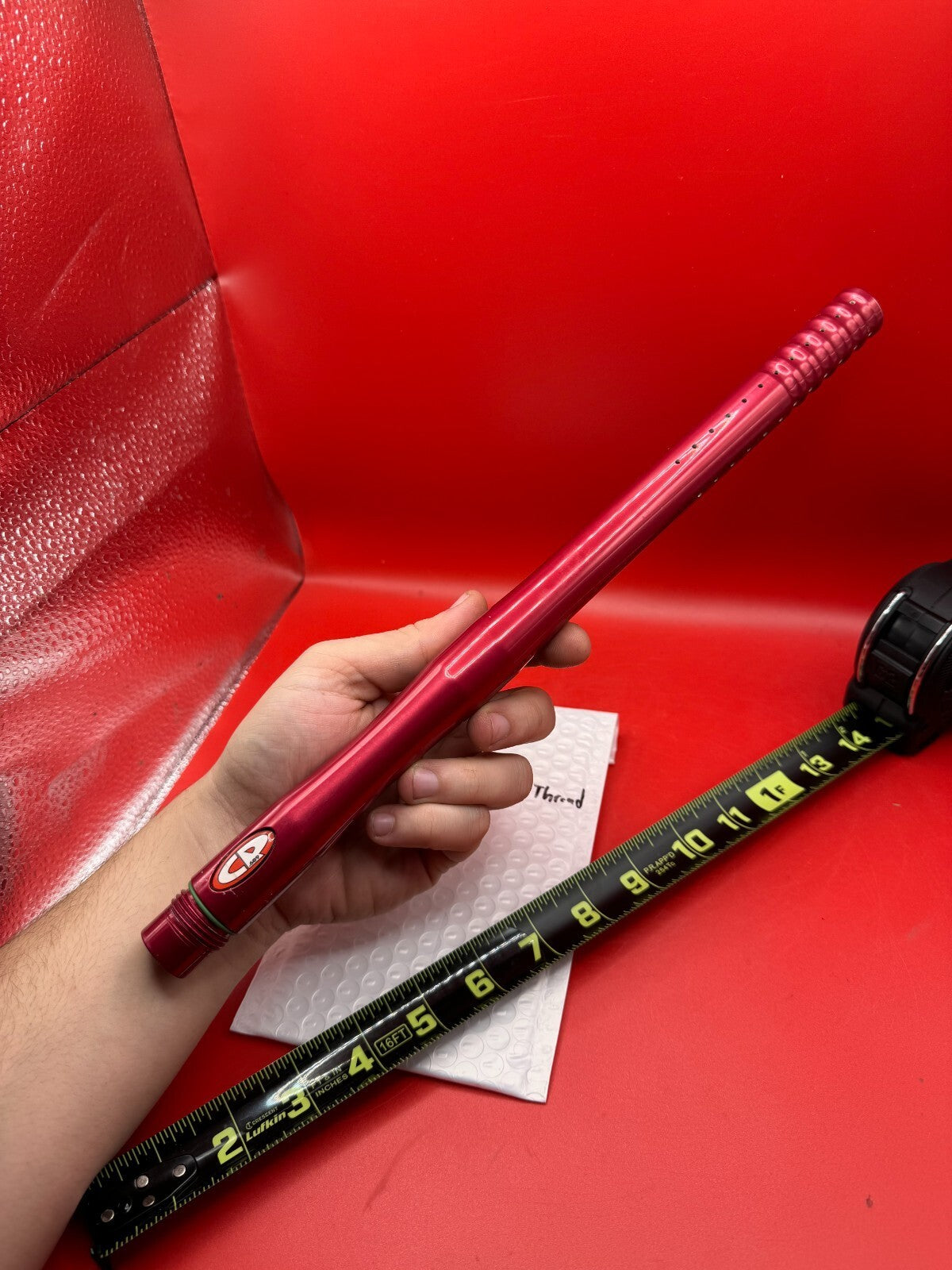 Custom Products 14 inch 689 Bore Impulse/Ion/Luxe Thread - used paintball barrel (one-piece) - red anno