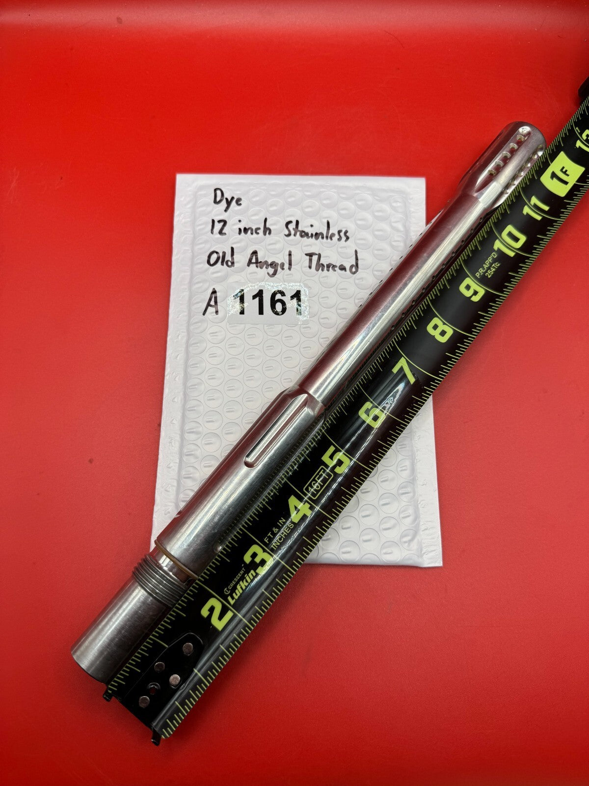 Dye 12 inch Stainless Old Angel Thread - used paintball barrel (two-piece back) - silver (raw stainless)